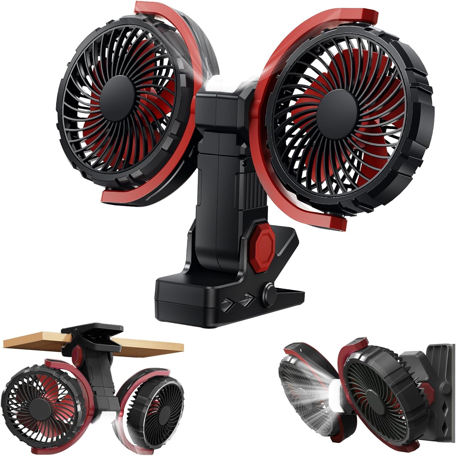 Dual Head Clip on Fan Battery Powered with Light,Portable USB Rechargeable Powerful Desk Table Fans,360°Rotation Cooling Clamp Fans for Car,Golf Cart,Treadmill,Kitchen,Outdoor Travel Camping(Black)