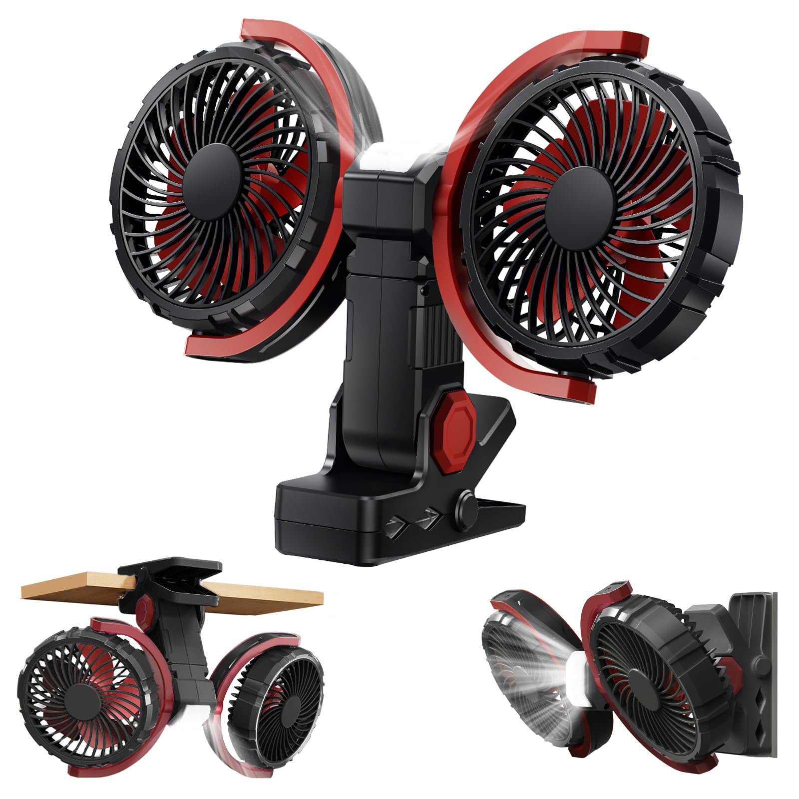 Clip Ventilator Akku mit Licht, USB C Aufladbar Leise Fan Doppelkopf Wandventilator,Stark Lufter Klemmbar für Büro, Bett,Schlafzimmer, Auto, Wohnmobil(Tiefschwarz)