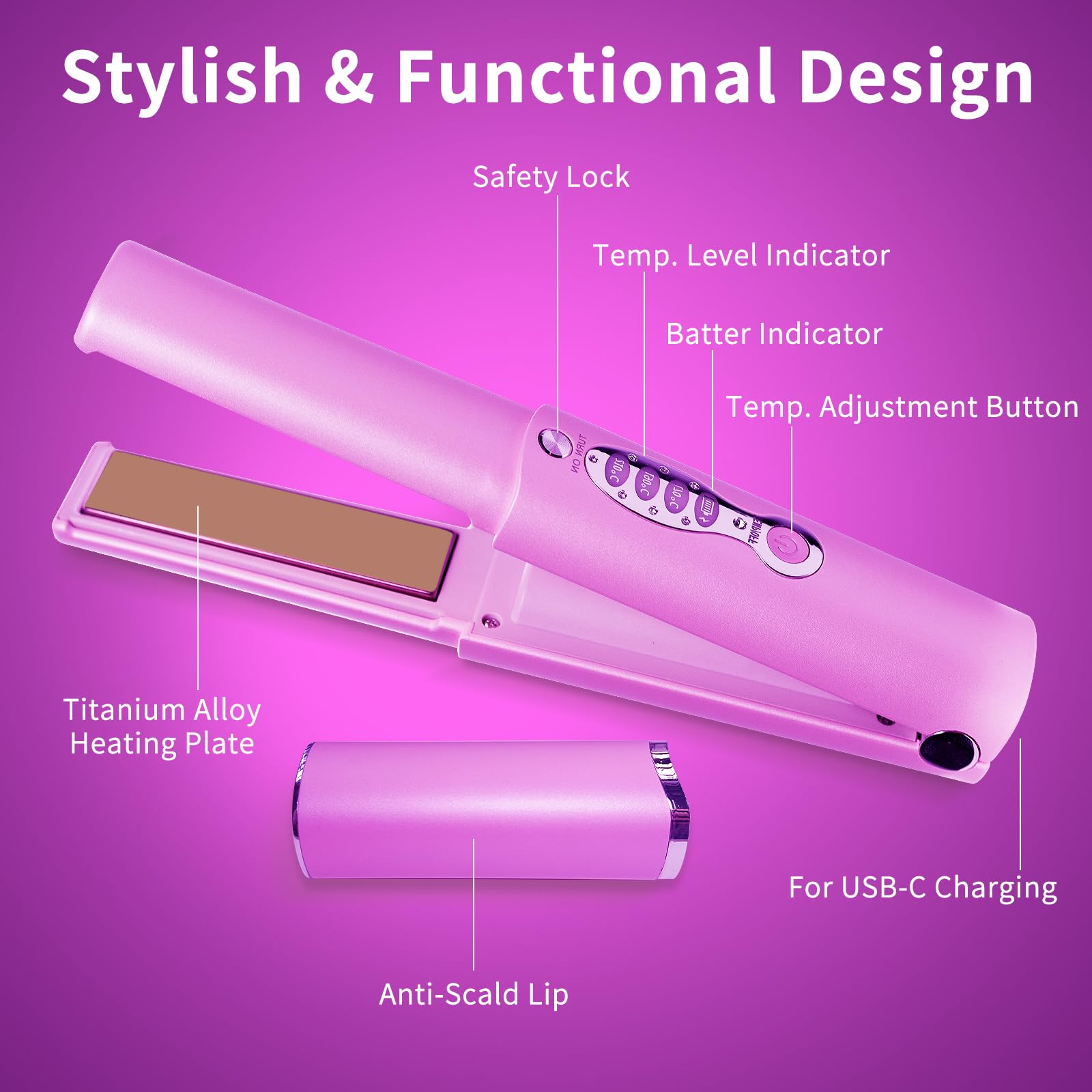 Alisador y rizador de pelo pequeño de viaje 2 en 1 para cabello corto, plancha plana de titanio inalámbrica, portátil, recargable por USB-C, calentamiento rápido, voltaje dual, batería de 5000 mAh, 3