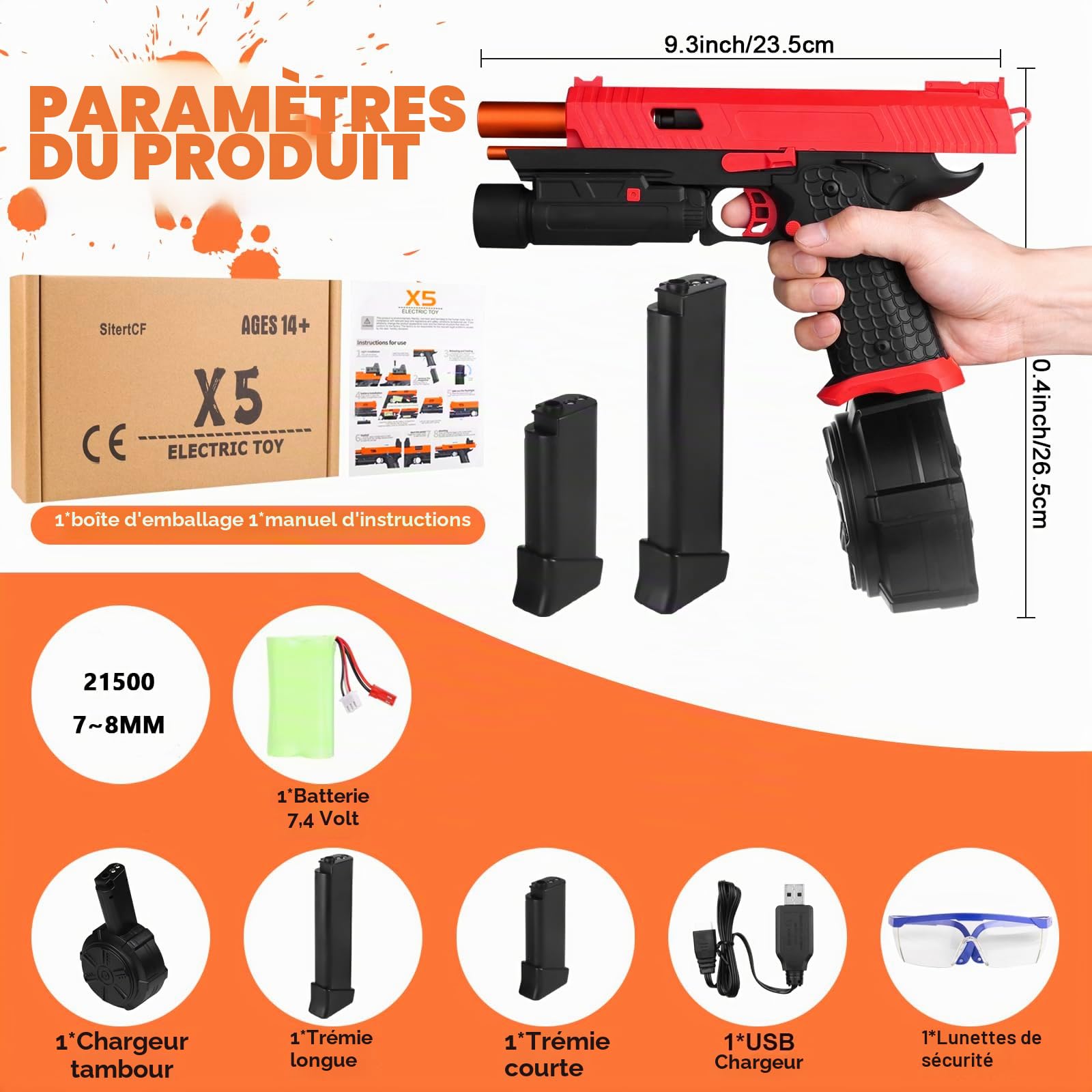 Lot de 5 blasters électriques à gel - Entièrement automatique - Pour l'extérieur - À partir de 14 ans - Rouge | JM-X2 Version améliorée pour jeu d'équipe avec batterie et lunettes