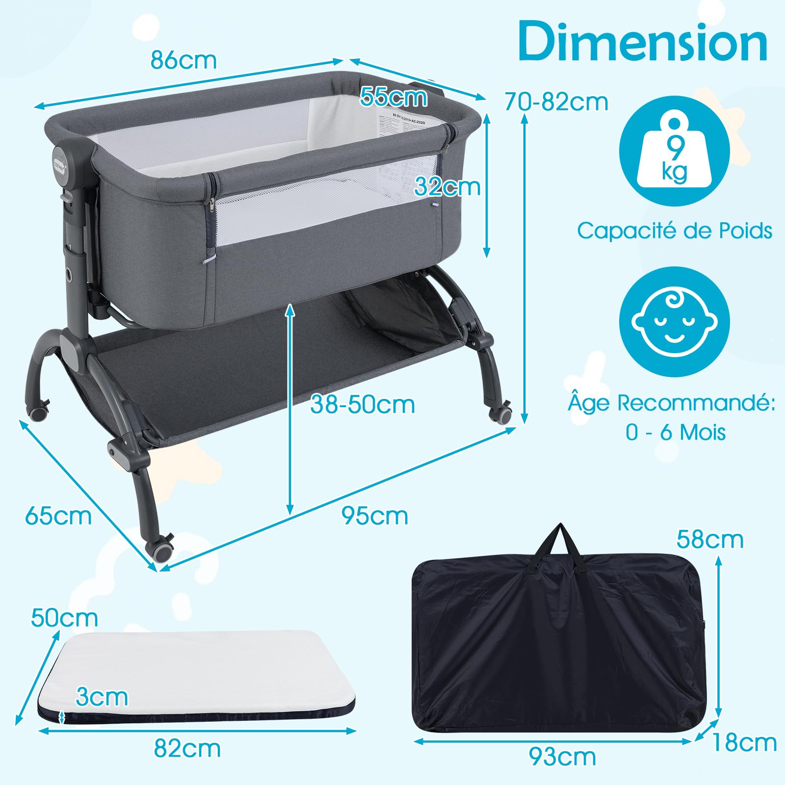 COSTWAY Lit Cododo Bébé avec Matelas & Panier & Moustiquaire, Lit Bébé Evolutif avec 7 Hauteur Réglable, Roues Universelles avec Frein, Charge 9kg pour 0-6 Mois (Gris)