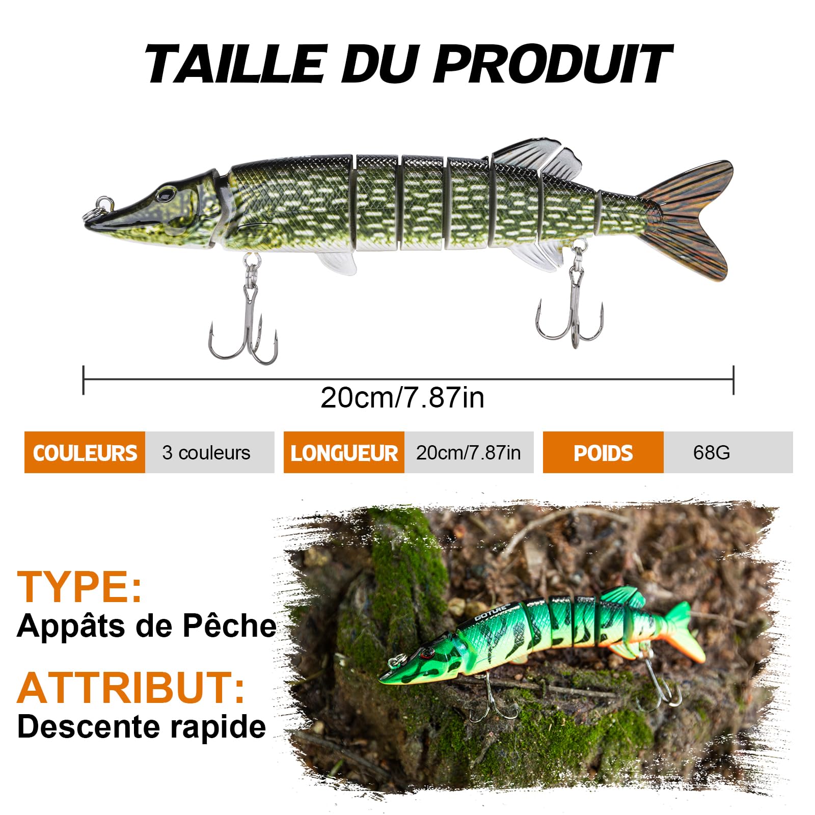 Goture Appât Artificiel pour Brochet, Appât de Glisse pour Brochet, Appât de Pêche en Surface pour Appât de Natation Segmenté, Appât de Pêche Réaliste pour Sandre, Perche, Truite, Wobbler Swimbait