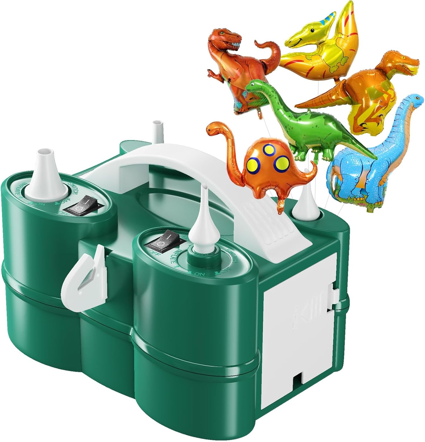 Electric Balloon Pump with Dinosaur Foil Balloons Set, Portable Air Pump for Latex 260q Foil Balloons, Dual Nozzle Balloon Blower Machine for Party Decoration, Balloon Inflator Deflator