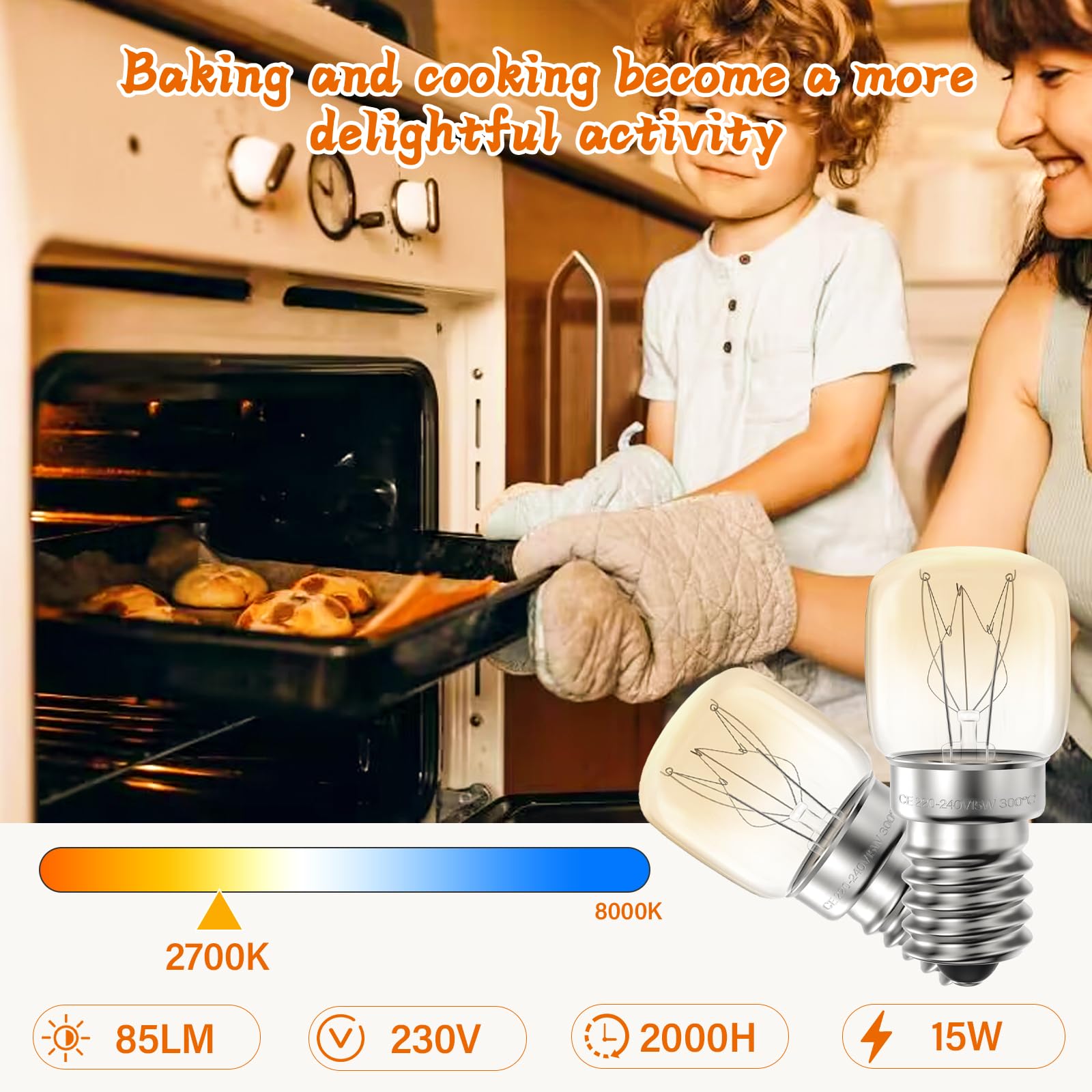 Żarówka E14 15W do piekarnika, żarówki E14,wytrzymała 300 stopni, ciepła biel, lodówka, 2700K 85Lm, 4 szt