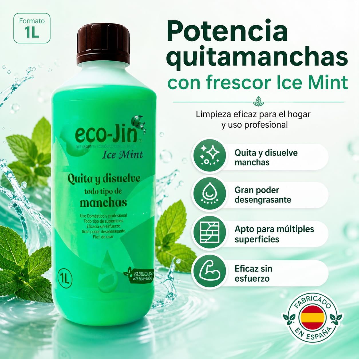 EcoJin Ice Mint 1L – Detergente Ecológico Concentrado Quitamanchas y Desengrasante Multiusos (6 unidades)