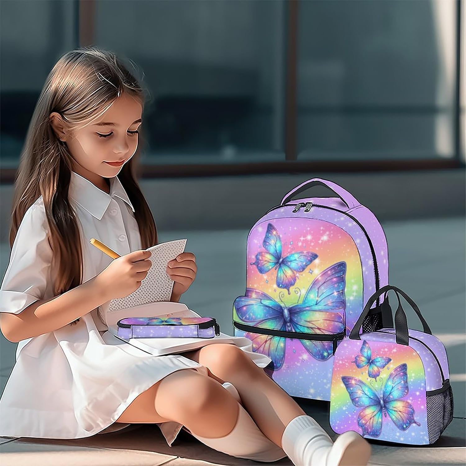 Bookbag for Girls, 3Pcs Butterfly Backpacks Set, Kids School Bag for Kindergarten/Elementary/Preschool, 17" Toddler Bookbag with Lunch Box Pencil Case