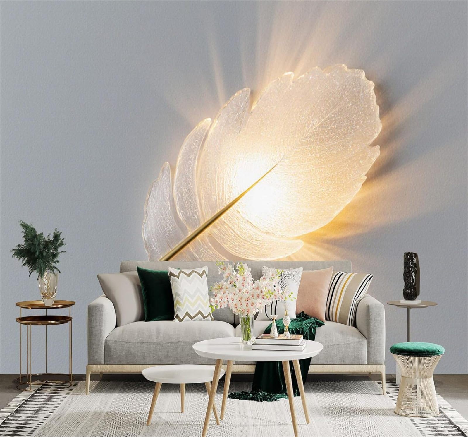 Tzxztt Minimalist Creative Gold Soft Lighting Glowing Feathers Modern 3D Wallpaper Premium Textured Silk Neutral Tones Material Ideal for Living Room Bedroom-250cm×170cm