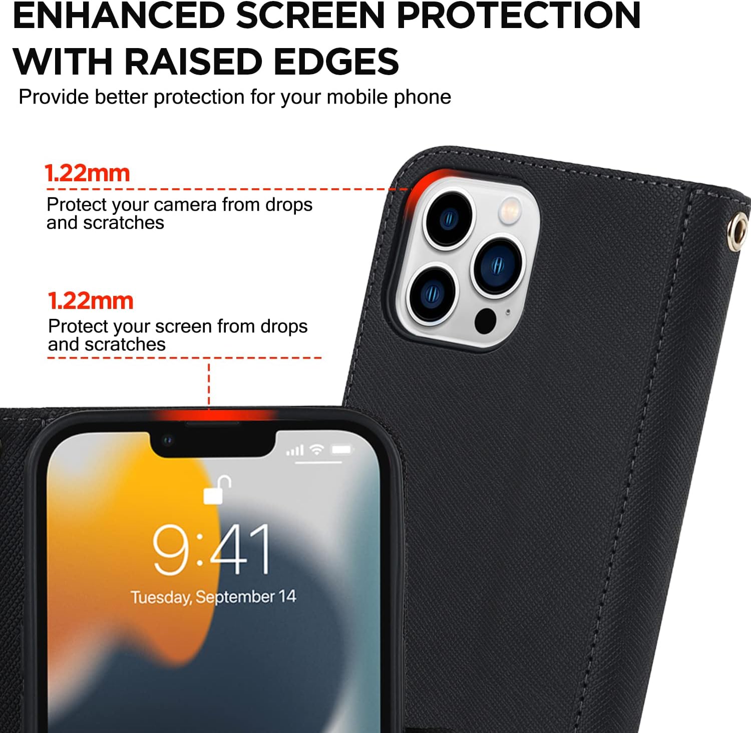 Leather Crossbody Purse Case for iPhone 16 Pro Max, with Adjustable Shoulder Strap, Magnetic Flip Folio Case, Built-in Kickstand, Black