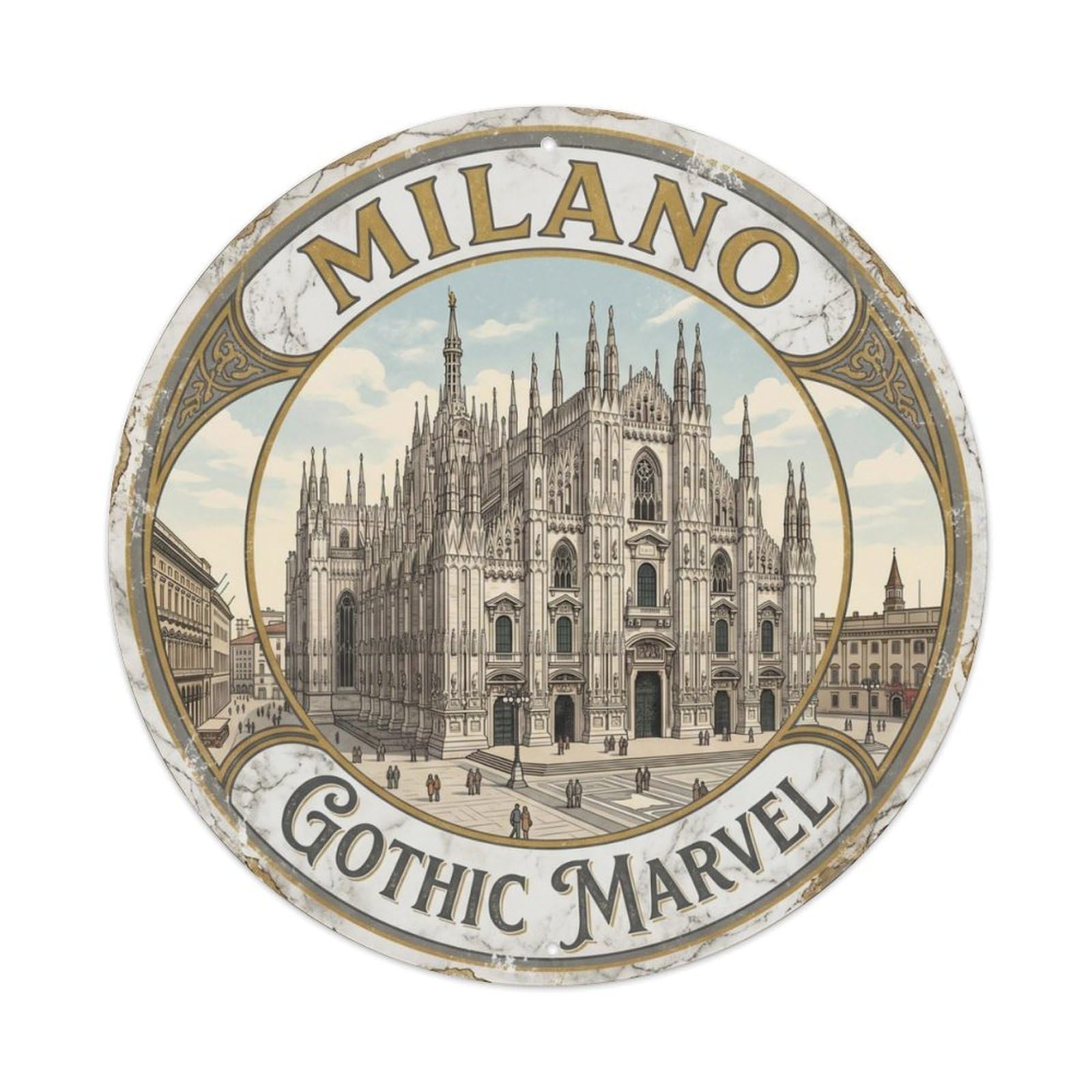 Vintage Travel Milan Duomo Cathedral Metal Tin Sign Plaque Wall Decor for Cafe, Club Bar, Office, Home Garden Round Metal Poster 8x8Inch