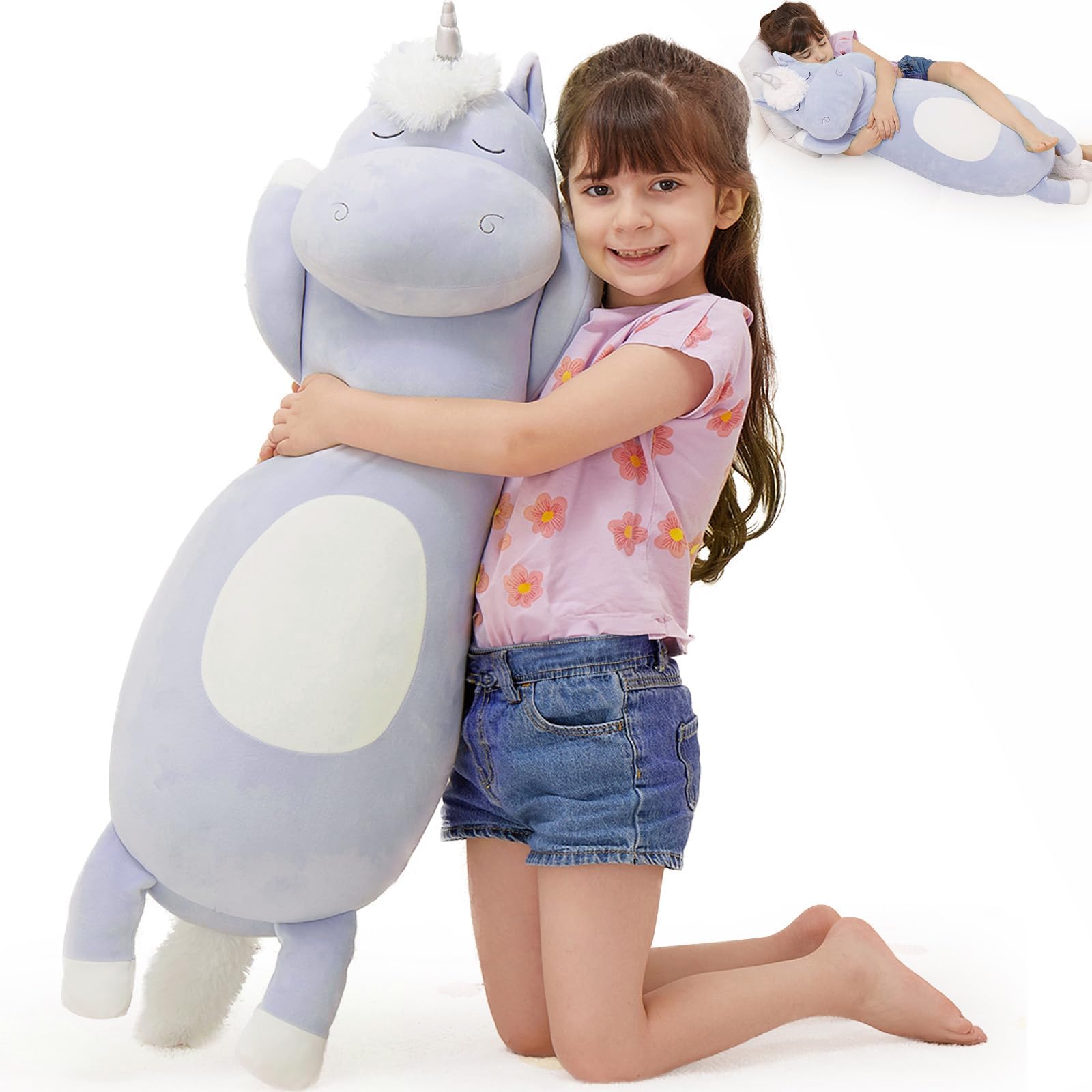 MorisMos Unicorn Body Pillow, 36.2'' Plush Unicorn Stuffed Animal, Super Soft Animal Pillow for Girl Kid, Giant Stuffed Animal Gifts for Christmas Birthday Valentine's Gift,Blue