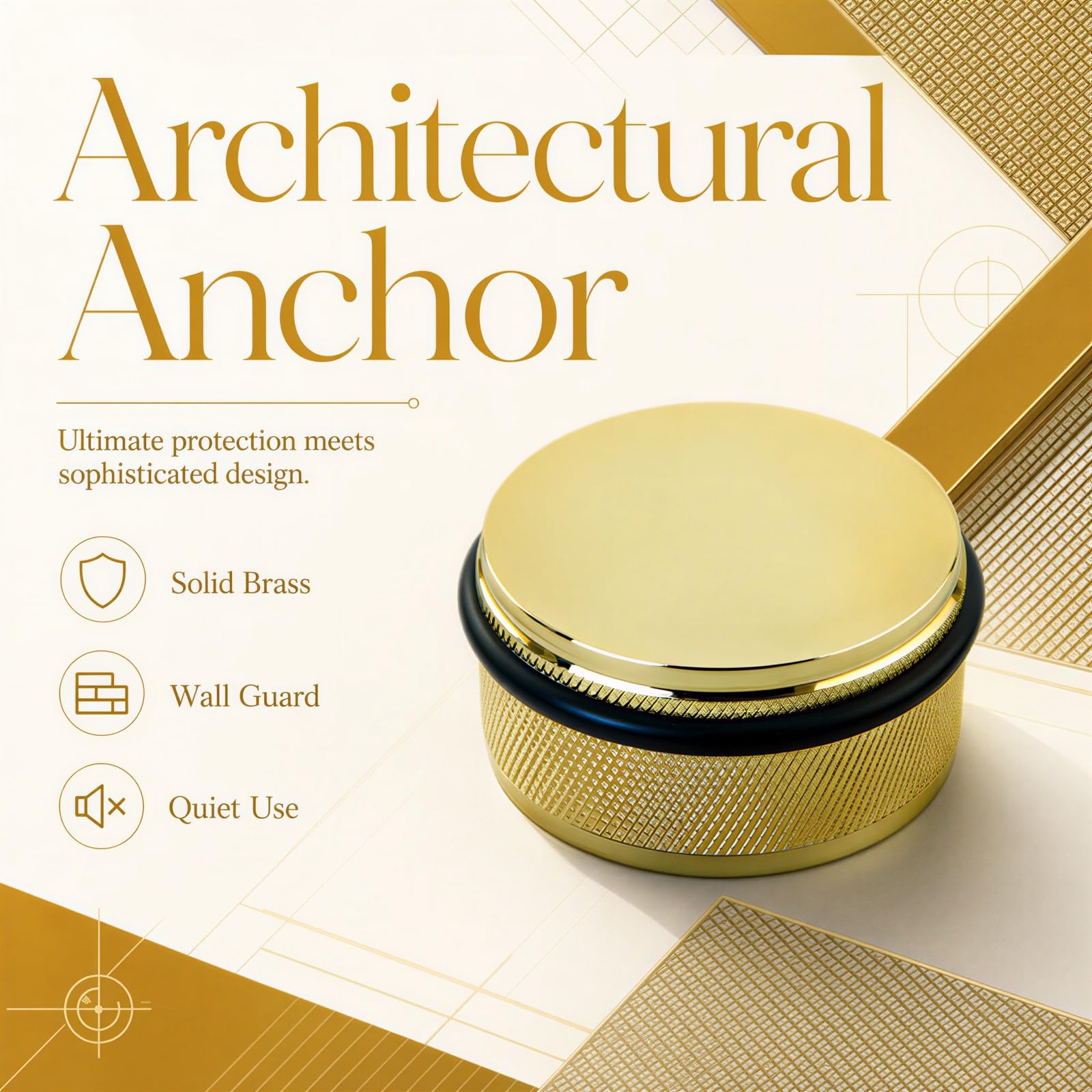 Messing-Türstopper, bodenmontierter Deko-Türstopper mit PVD-Gold-Finish, zylindrischer Türpuffer aus massivem Messing mit schwarzer Gummischlaufe, für modernes Zuhause, Büro und Wandschutz