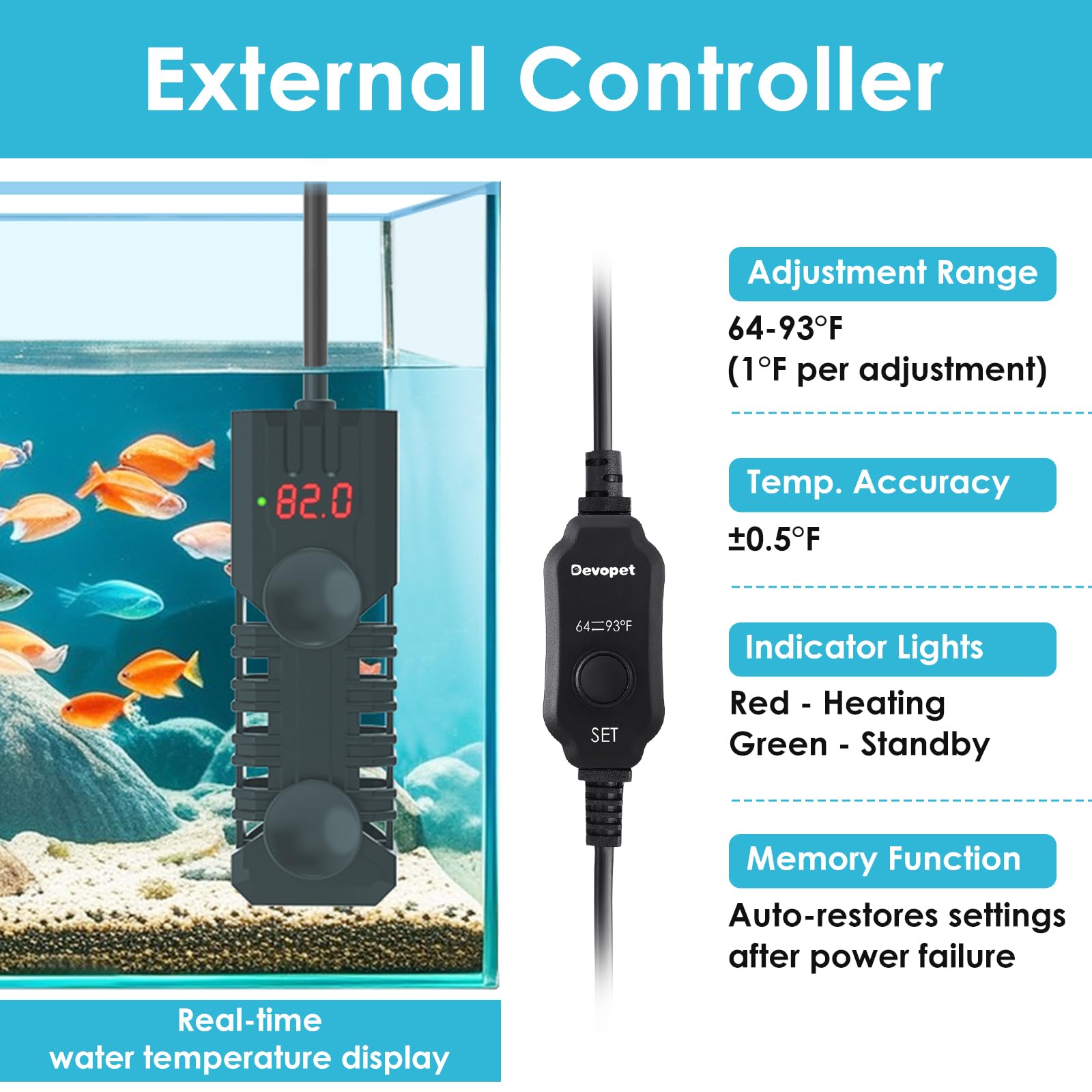 Chauffage d'aquarium 100 W, chauffage d'aquarium réglable, avec affichage numérique, protection contre la surchauffe et protection contre la course à sec, pour eau de 37 à 78 litres