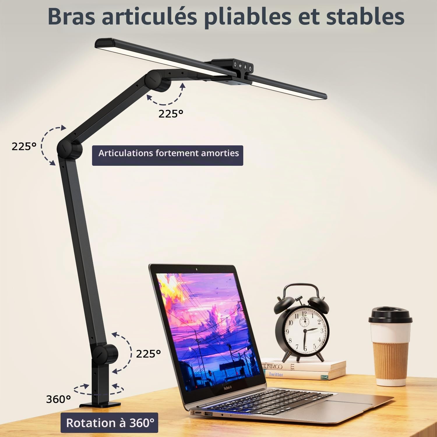 KableRika Lampe de bureau LED à pince, double tête, 24W réglable Noir | 1200 lm, 3 articulations stables à 225°, réglage automatique de la luminosité – idéale pour le bureau et le travail sur écran