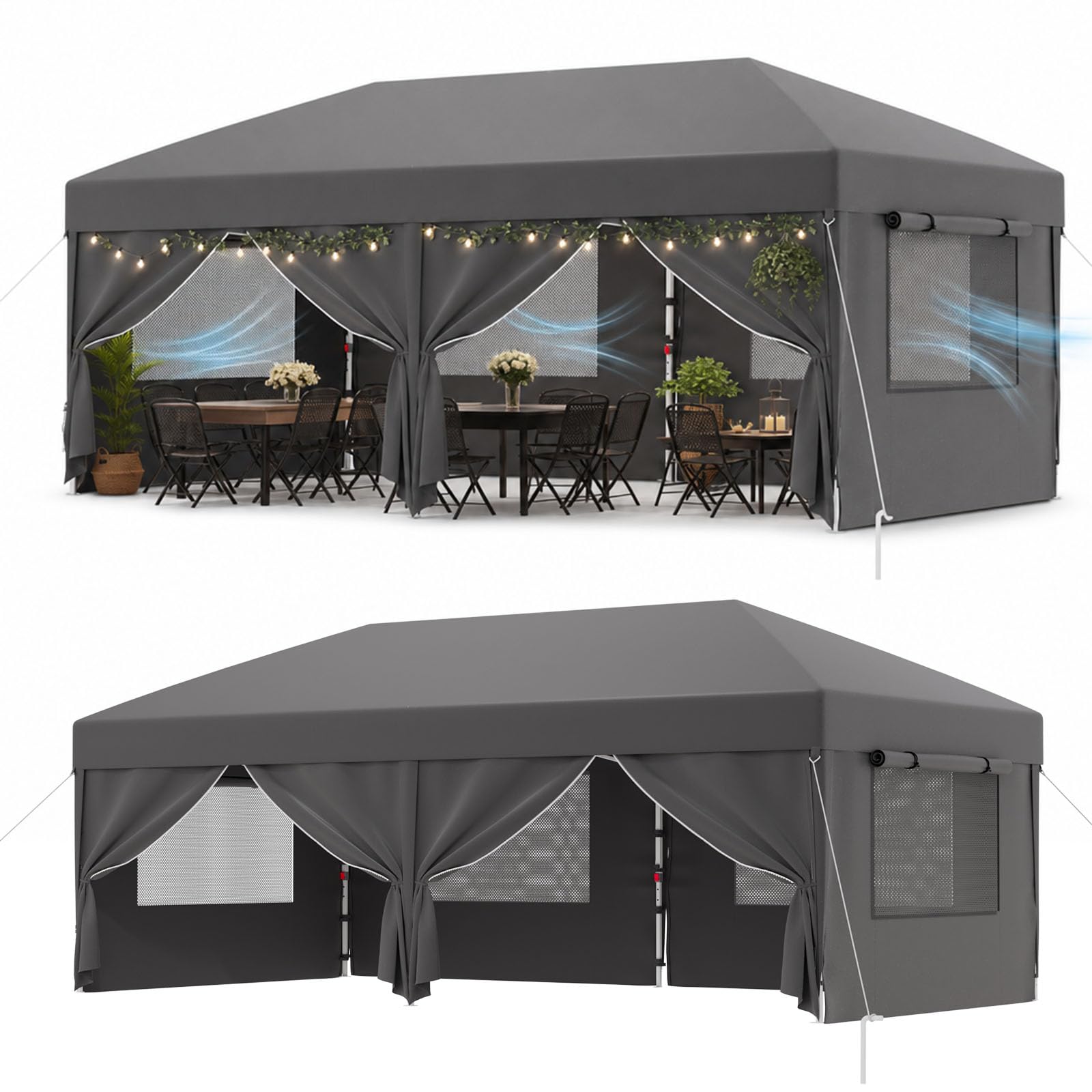 DEVOKO Carpa plegable con ventanas de malla ventilada,pabellón impermeable y resistente al invierno de3x6m,carpa plegable con laterales, protección UV50+carpa para fiestas en jardines patios y camping