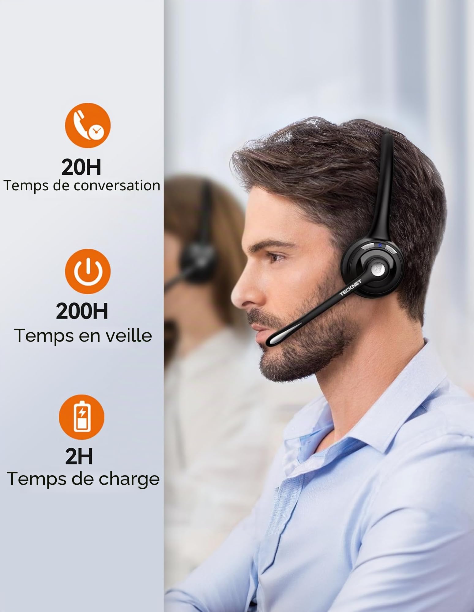 TECKNET Casque Bluetooth sans Fil avec Microphone Antibruit Mains Libres