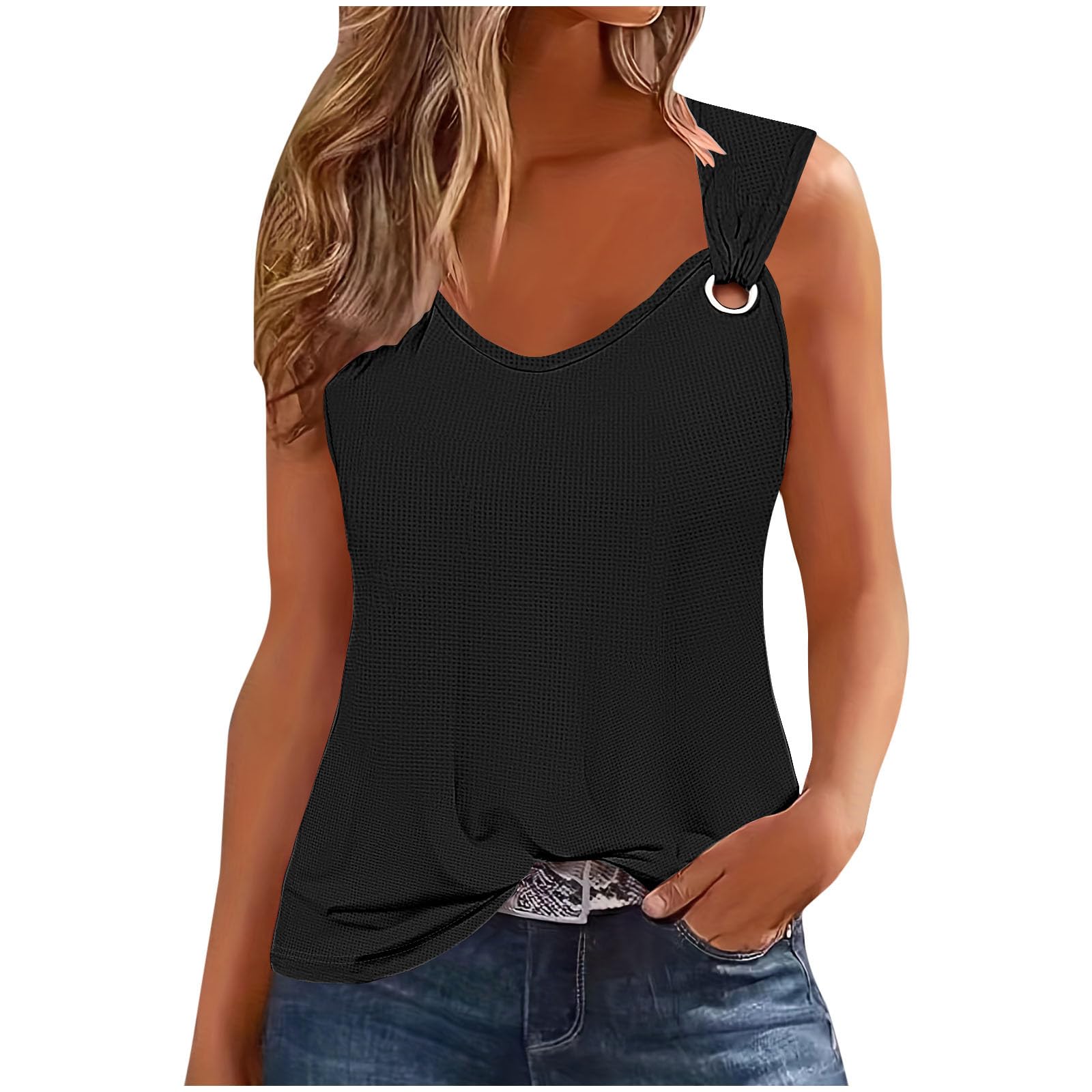 FOCLMPWomen Waffle Knit Summer Tops Dressy Causal Tank Tops Sleeveless Shirts Blouse Fashion Trendy 2024 Loose Fit Clothing