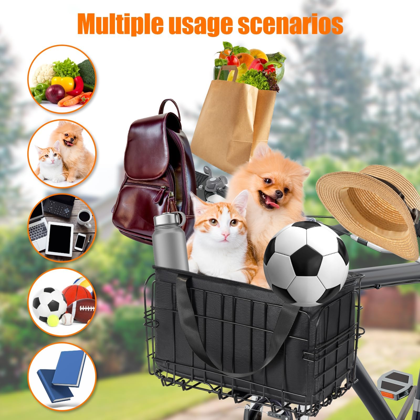 Cesta plegable para bicicleta con bolsillo interior negro, cesta impermeable para bicicleta delantera trasera, bolsa de bicicleta para accesorios de bicicleta de montaña para mascotas, compras