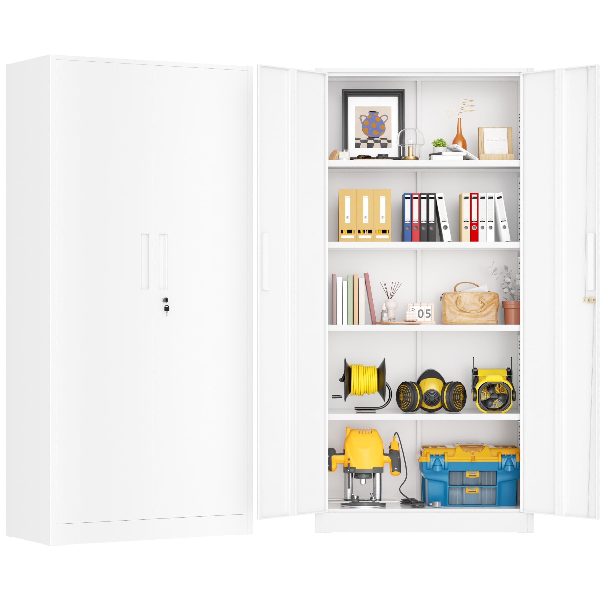 Greenvelly 72" H Metal Garage Storage Cabinet with 2 Doors and 4 Adjustable Shelves, White Metal Cabinet with Lock, Steel Tool Cabinet for Office,Home