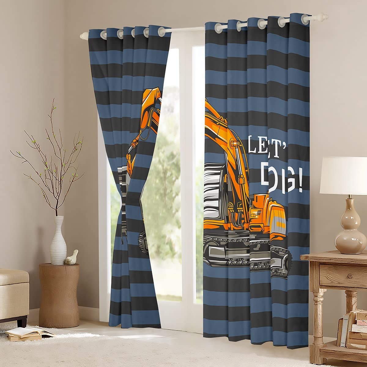 Excavadora para niños, Cortinas de Ventana de construcción, Camiones, Rayas Negras, Naranjas, Coches, Cortinas de Ventana para Dormitorio, Sala de Estar, maquinaria Pesada, tratamientos de Ventana de