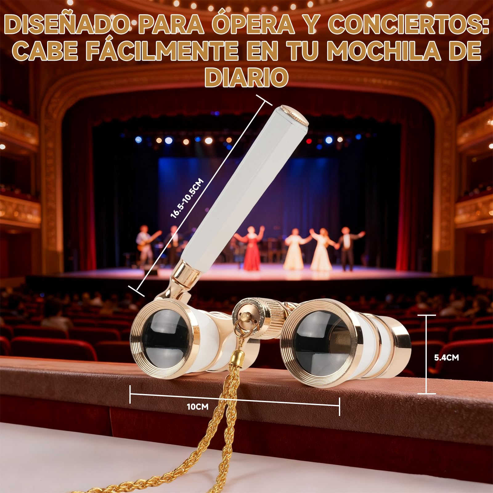 Prismáticos de Teatro 3x25 Vintage Plegables - Binoculares Mini con Mango Ajustable y Cadena, Lente BK7, Portátiles para Conciertos, Ópera y Eventos