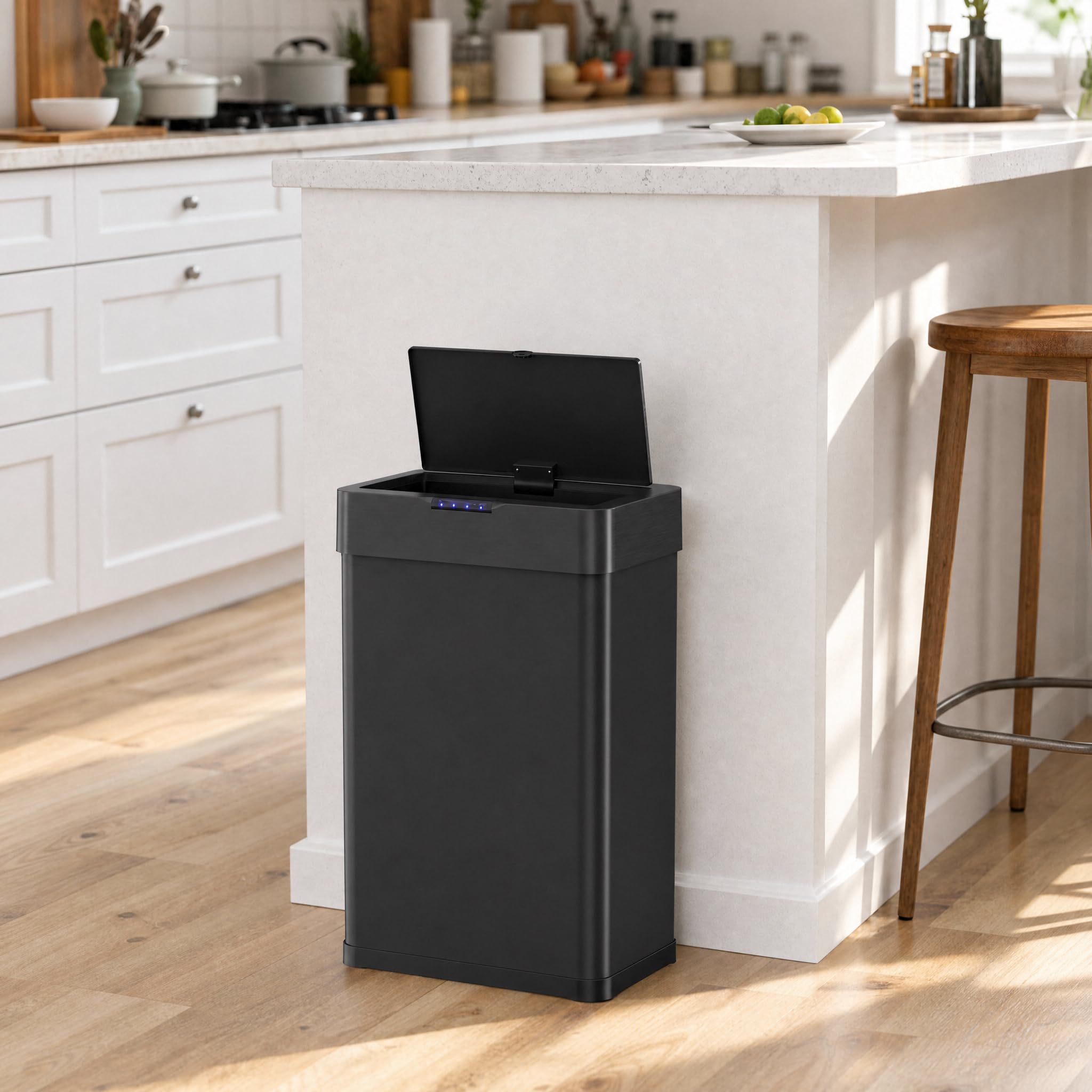 LIFERUN Mülleimer mit Sensor 50l, Mülleimer Küche 50 Liter,schwarz | automatischer Abfalleimer, Öffnen per Handbewegung oder Berühren, Softclose-Deckel, aus Edelstahl