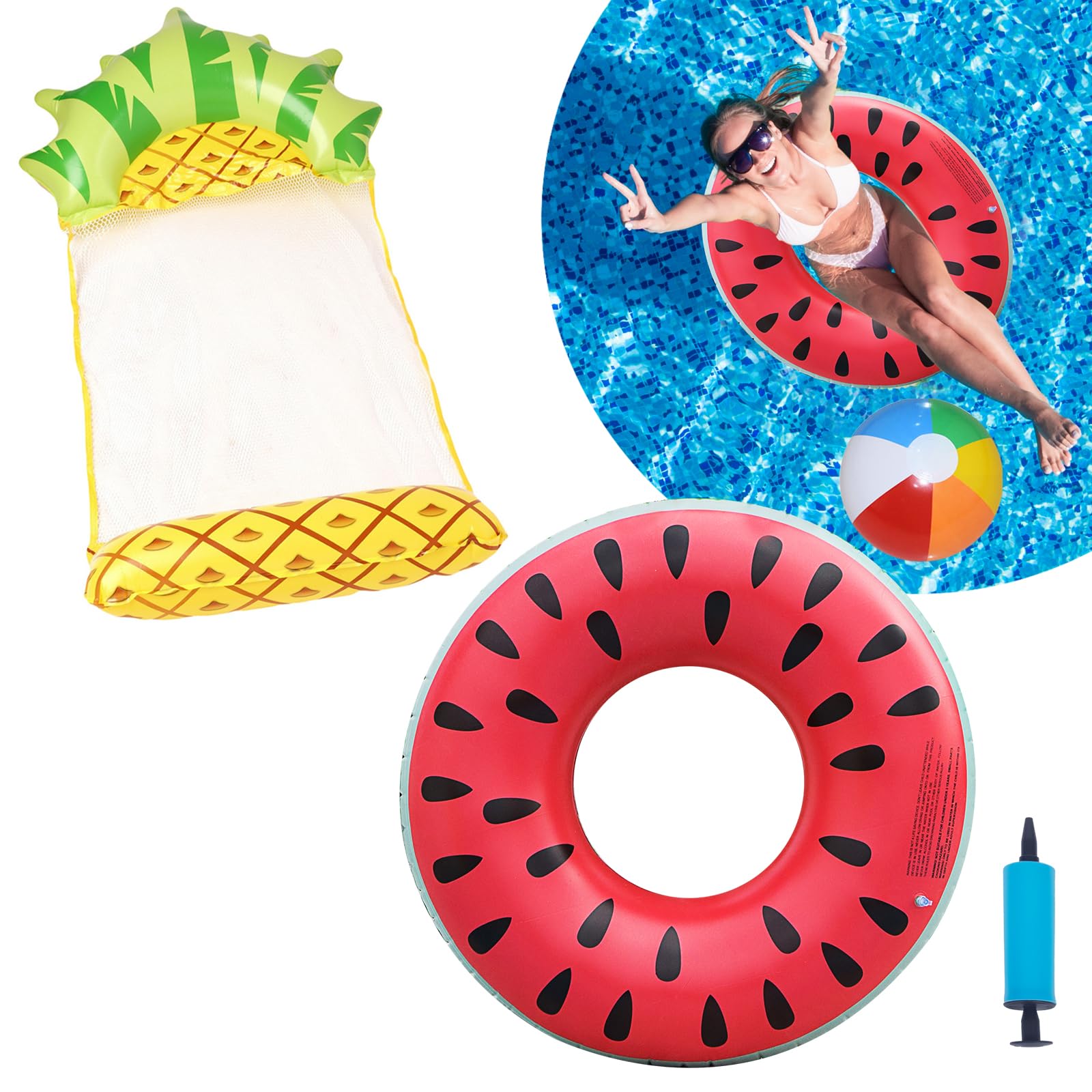 Pineapple Inflatable Pool Floats for Adults Super large watermelon Swimming Ring and Beach Ball, 4-in-1 Hammock Pool Floats Heavy Duty Pool Lounger Beach Swimming Floats for Pool Beach Water Party