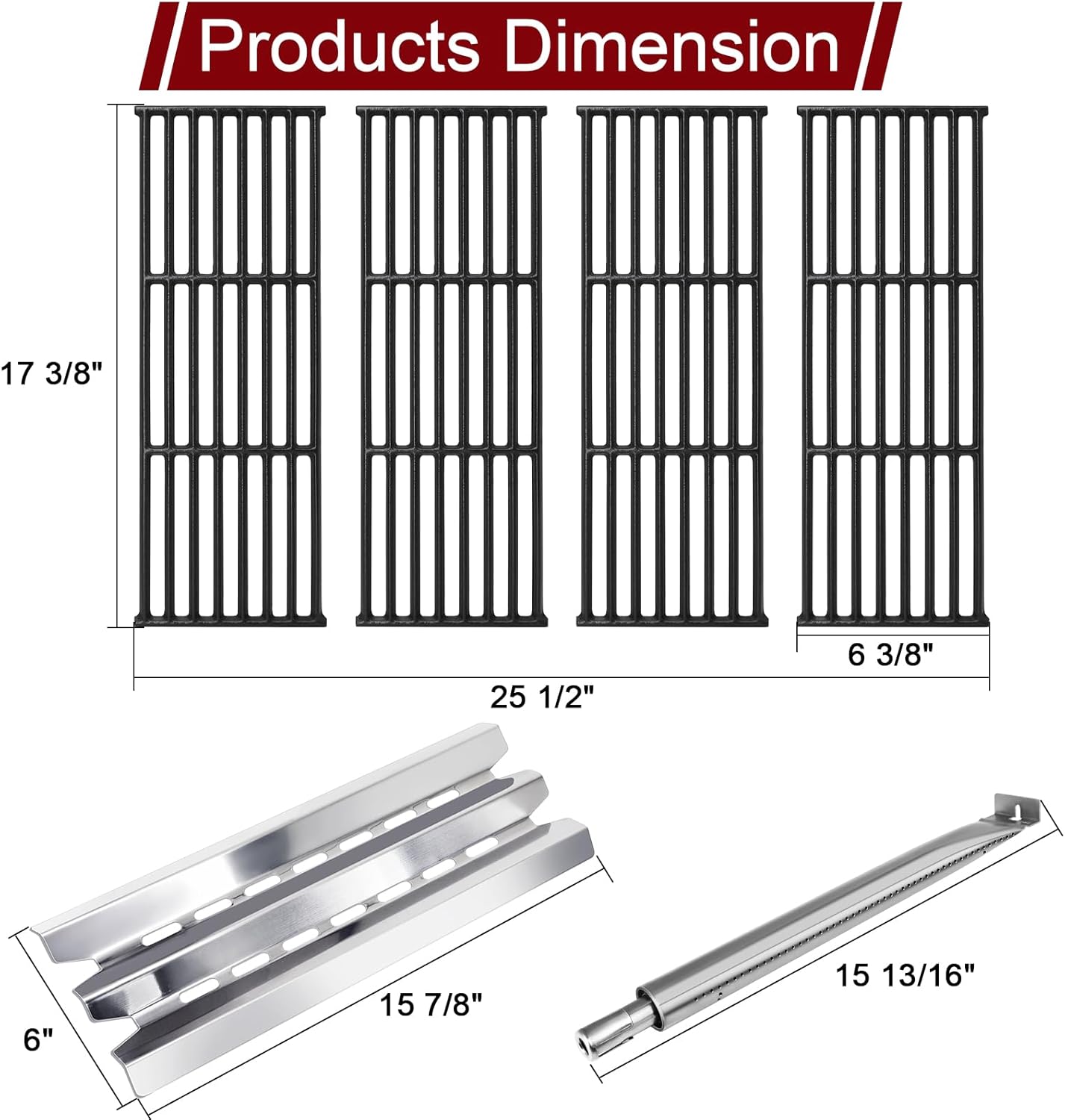 Hiorucet Grill Parts for Broil King Baron 320, 9211-54, 9215-54, Baron 340, Cast Iron Grill Grates, Stainless Steel Heat Plates, Burners for Broil King Baron Replacement Parts