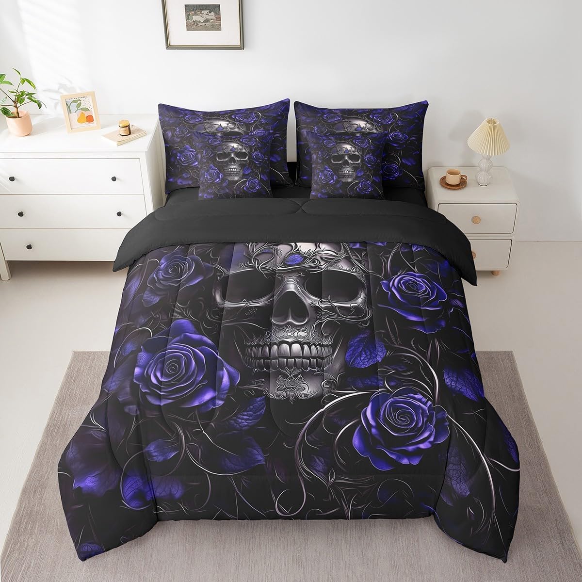 Erosebridal Sugar Skull 7 Pcs Comforter Set King,Navy Blue Rose Floral Bedding Set for Kids Boys Girls Teens Adults,Gothic Skeleton Bed in a Bag,Exothic Hippie Horror Bed Sets with Sheet Set