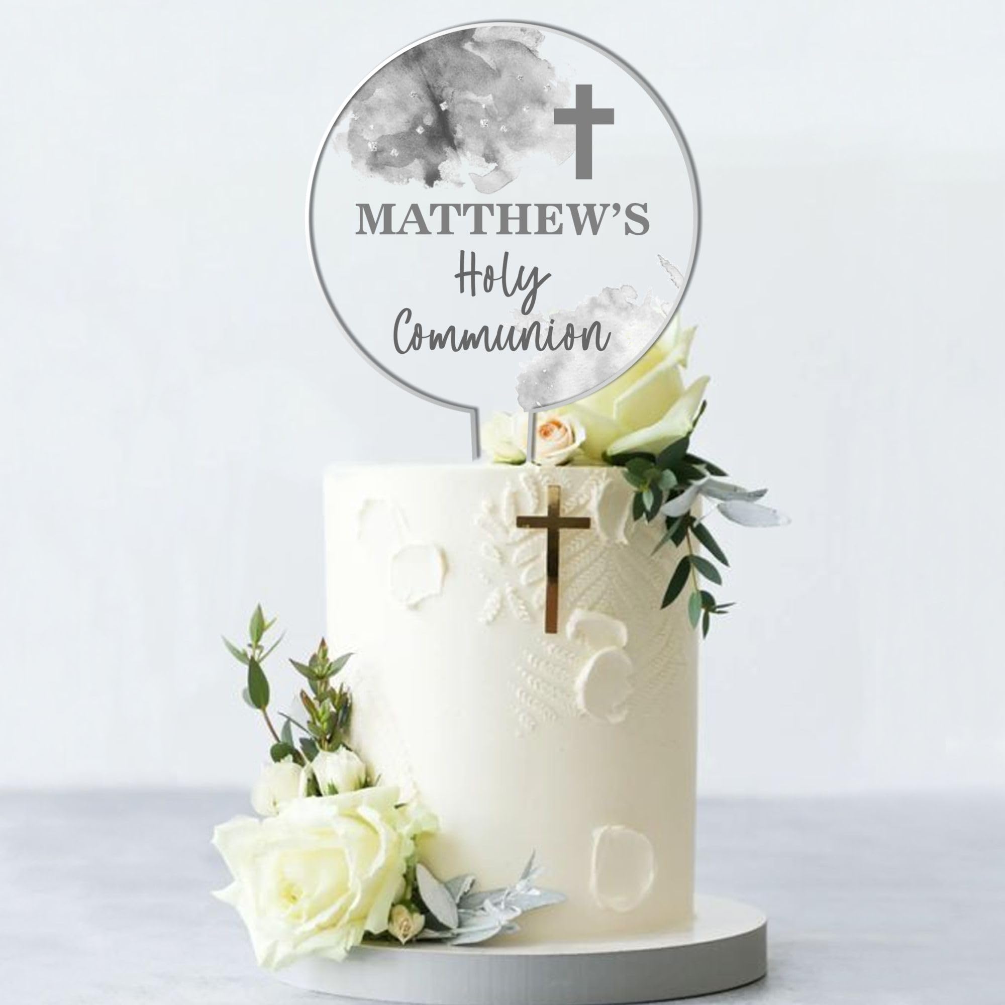 Personalised Religious Cake Topper – Custom Name & Occasion – Christening, Communion or Confirmation – Acrylic Watercolour Design with Cross Cake Decoration (Communion, Grey)