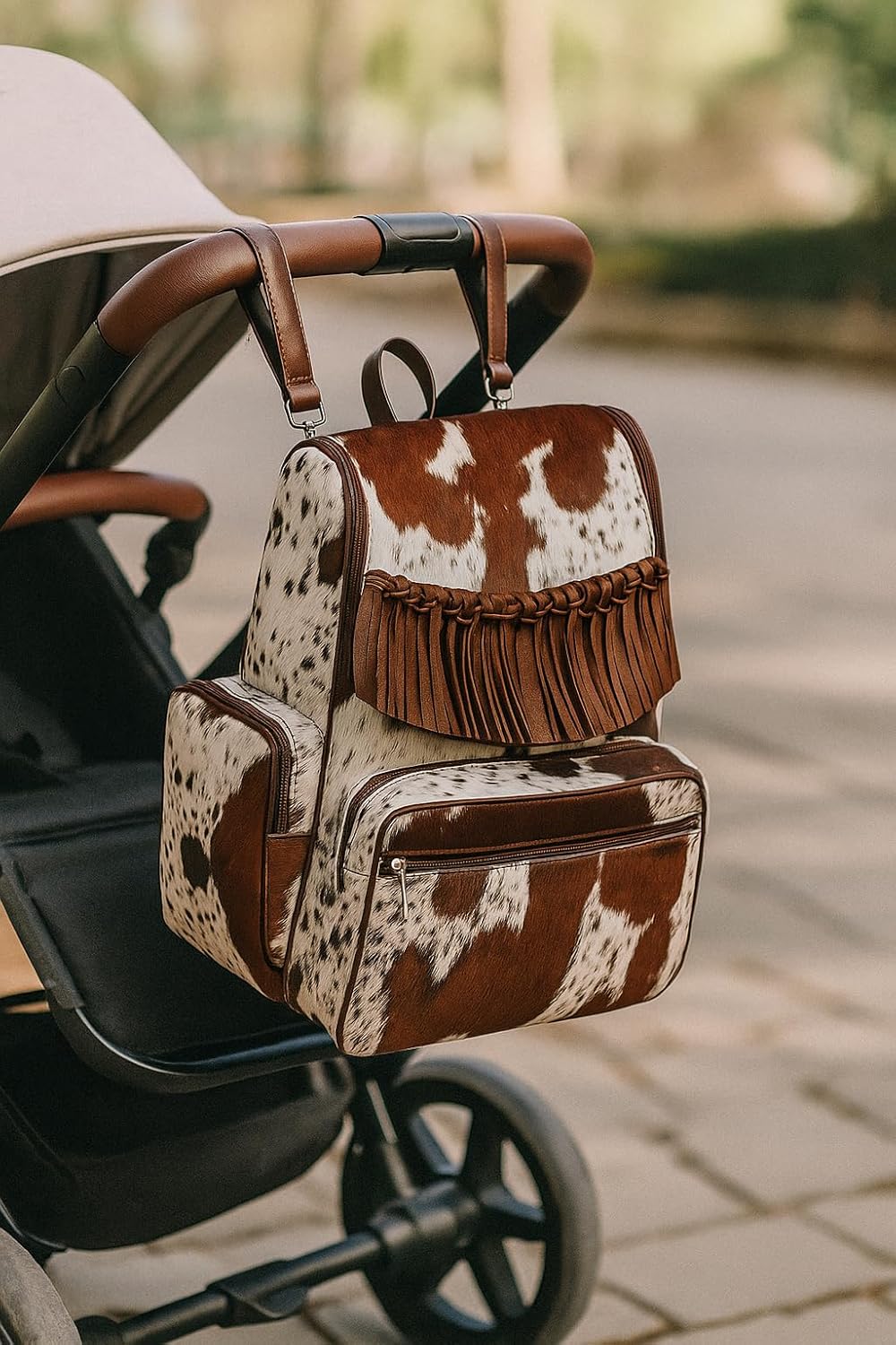 Cowhide Leather Diaper Bag – Handmade Hair-On Diaper Bags with Fringe | Artisan Cow Print Laptop Backpack for Women & Men | Western Style Travel Rucksack Knapsack