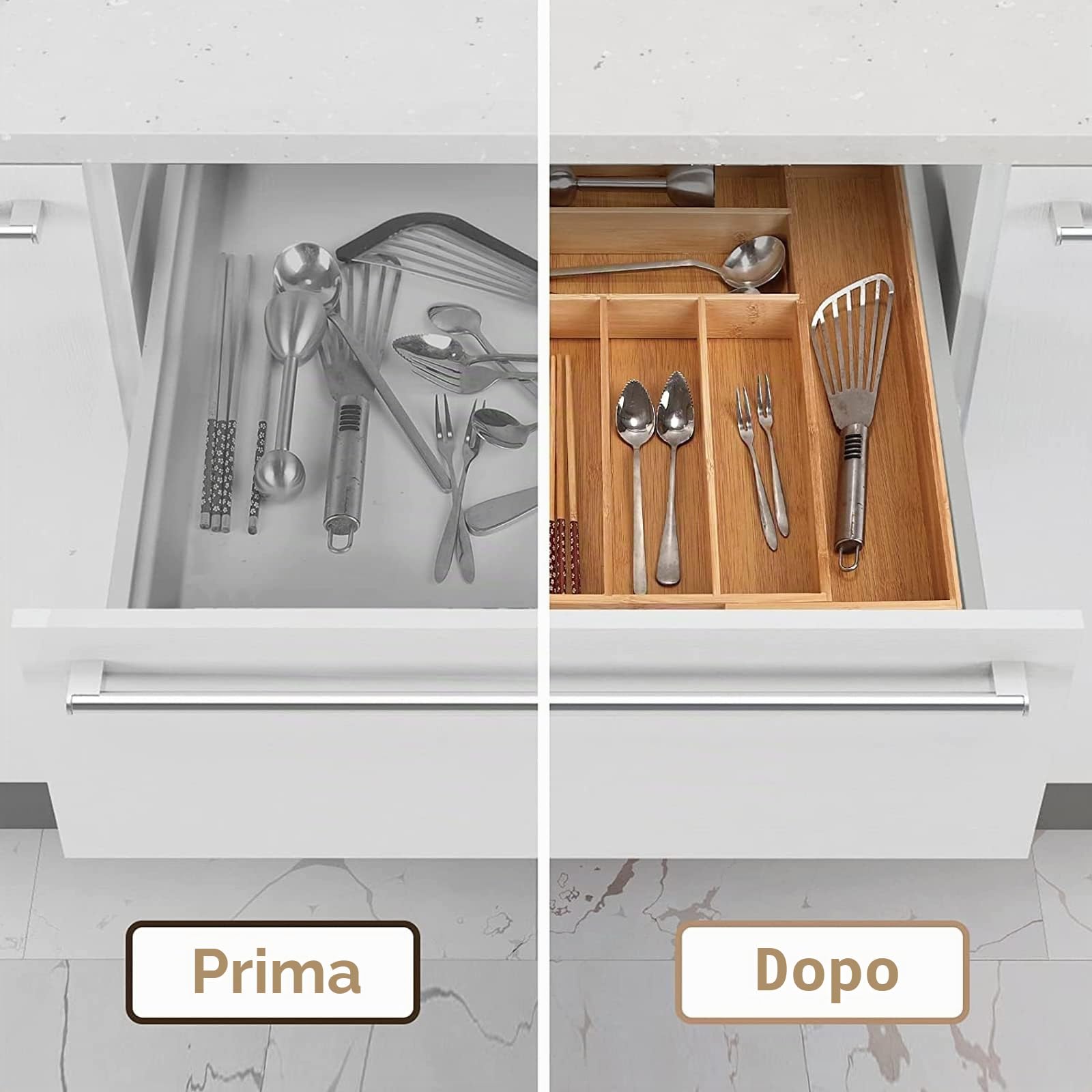 Portaposate da Cassetto in bambù, cassetto regolabile da 6 a 8 scomparti, organizer per posate e portaposate, organizer per utensili da cucina e posate