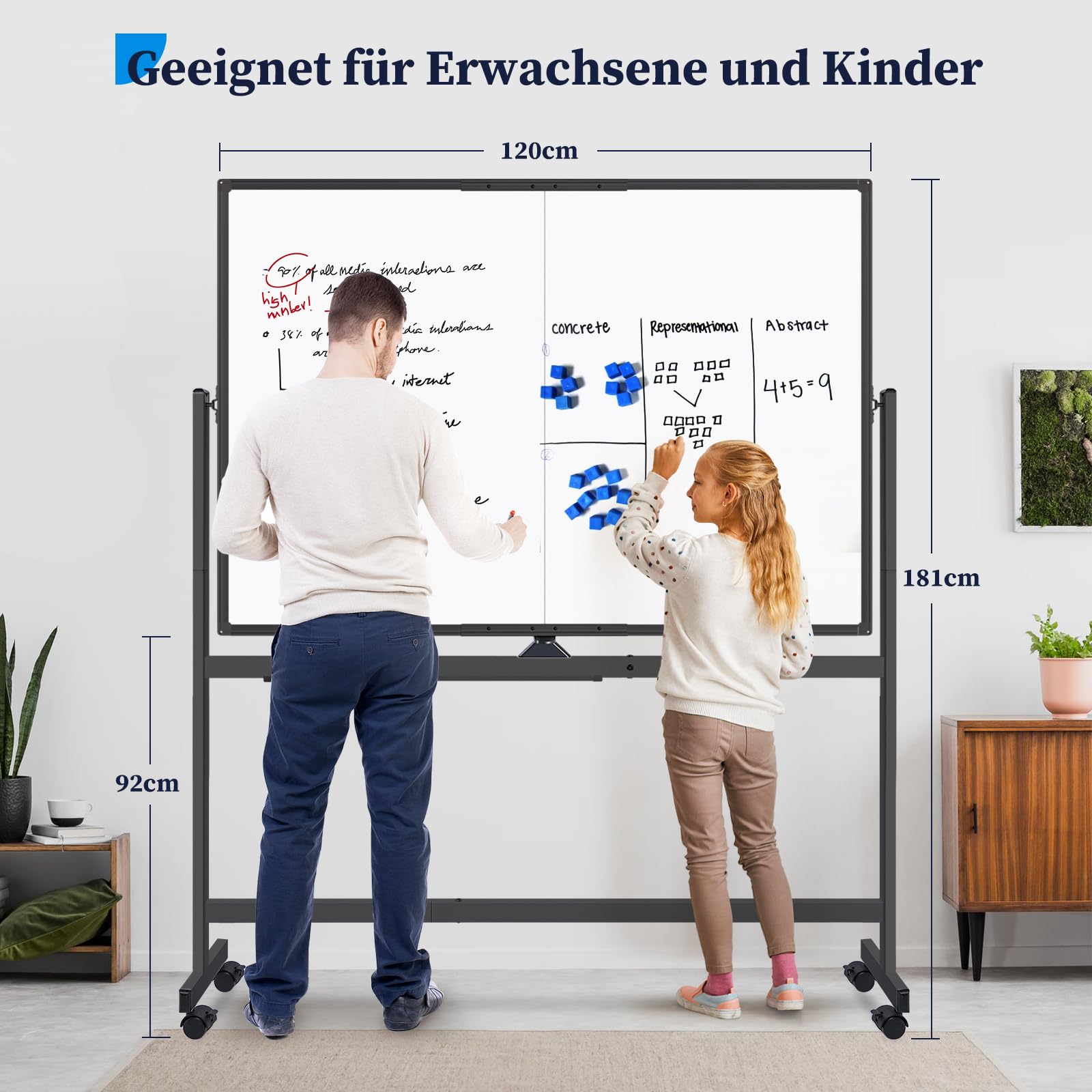 maxtek Whiteboard mit Ständer 120 x 90 cm, Magnetisches Flipchart | Doppelseitige Mobile White Board mit Aluminiumrahmen, Große Magnettafel auf Rollen , Inkl. Stiften, Schwämme, Tafellöscher