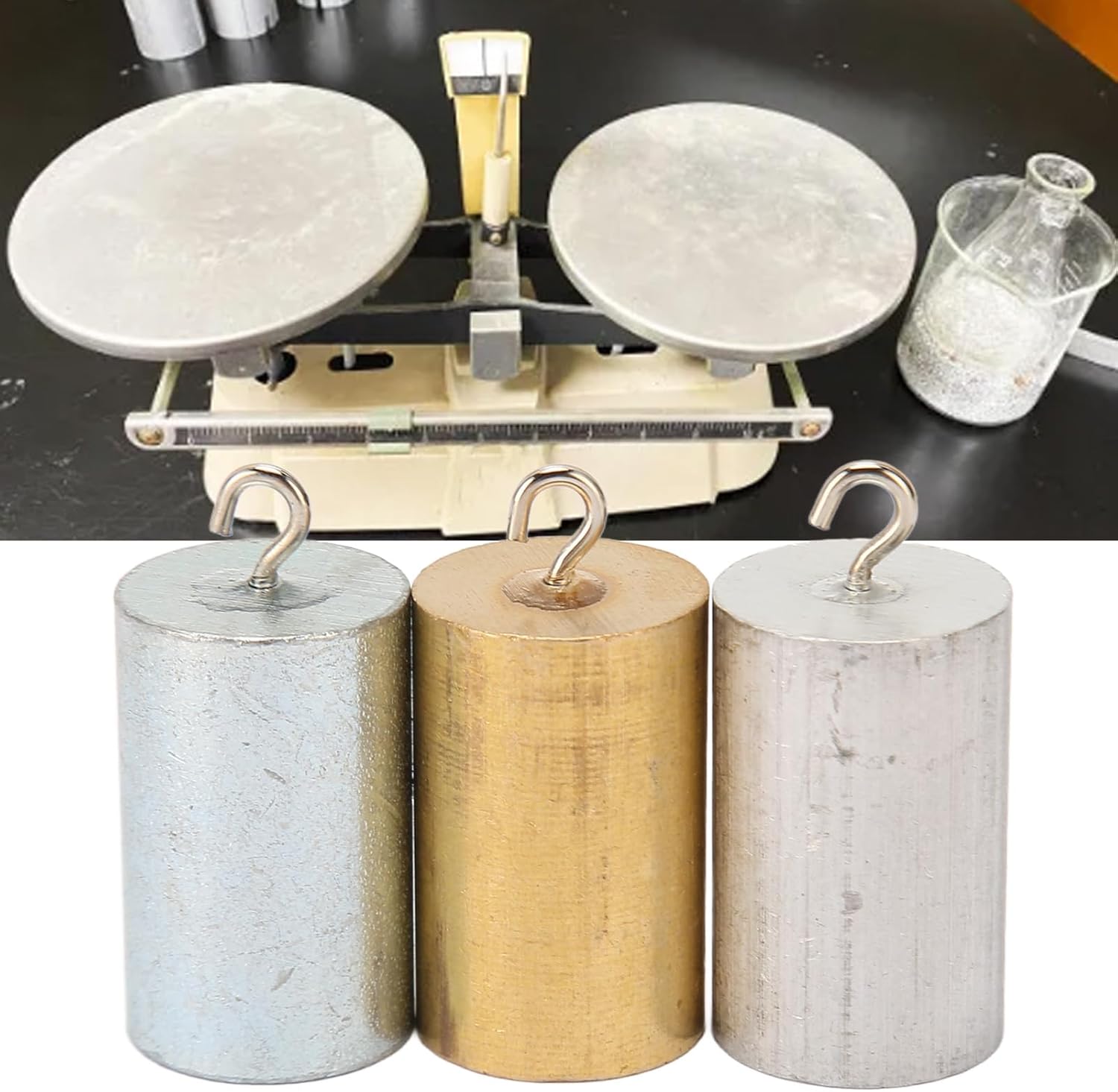 Metal Density Blocks, 3Pcs Copper Iron Aluminium Cylinder Style Metal Cylinders Set with Hooks for School Laboratory Education