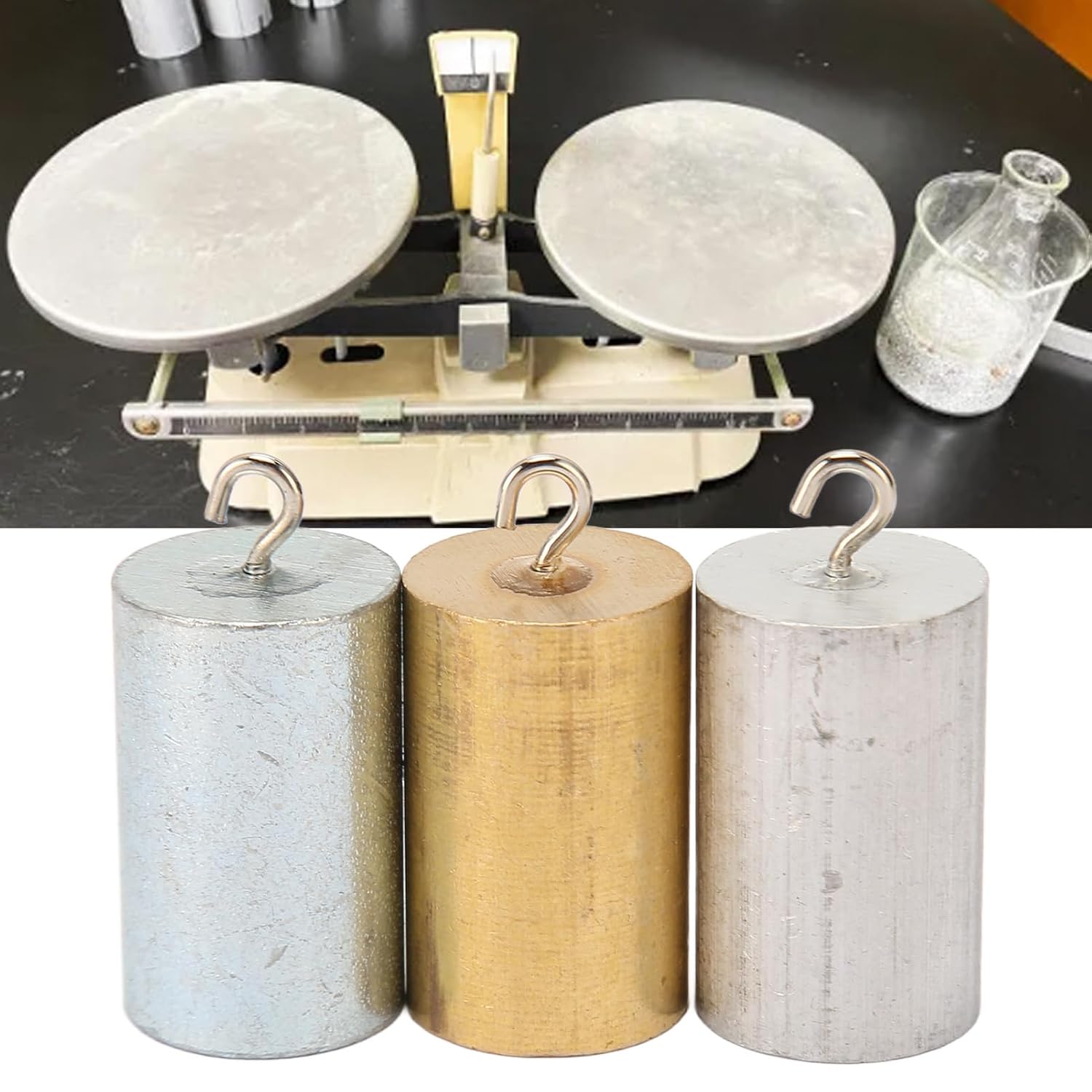 3Pcs Metal Density Blocks,Metal Block Cylinder Set with Hooks, Copper, Iron, Aluminum for Density Investigation, Specific Gravity,Collectible,Specific Heat Experiment