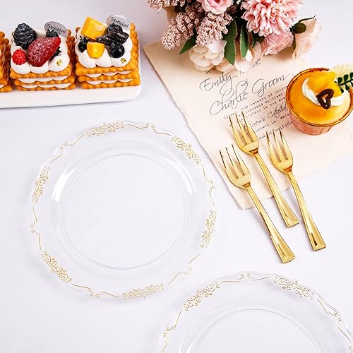 Miniatura 4 de LIYH - 100 platos de postre dorados desechables con 100 tenedores de plástico para postre platos de ensalada de plástico transparente con tenedores