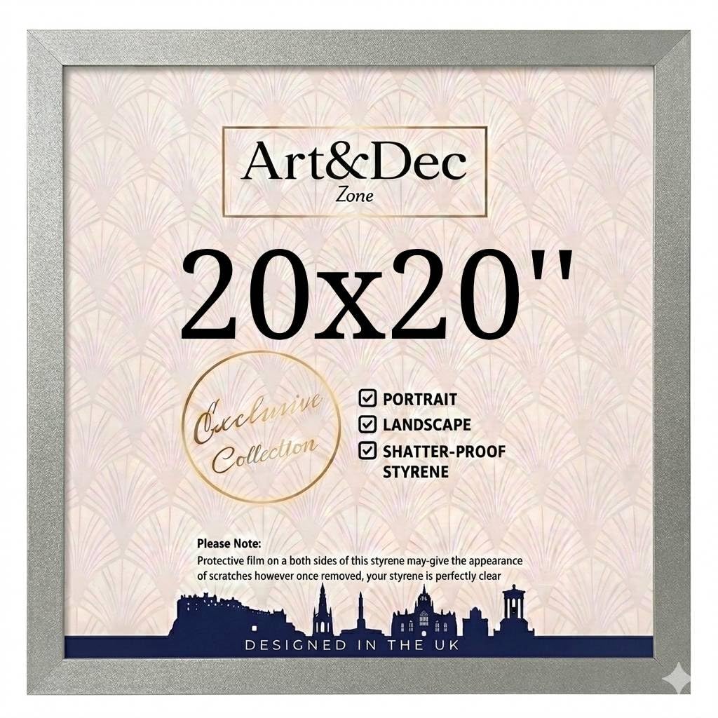 Art & Dec Zone® Modern Silver Picture Frame 20x20 Inch – MDF Wood Finish, High-Clarity Shatter-Proof Acrylic Cover for Posters and Artwork