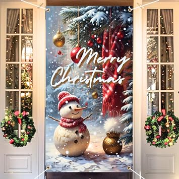 Jabrand Christmas Door Cover Merry Christmas Door Cover Snowman Decoration Xmas Decoration, 6 x 3 Feet, Winter Holiday Front Door Indoor Background Banner Party Decor Supplies