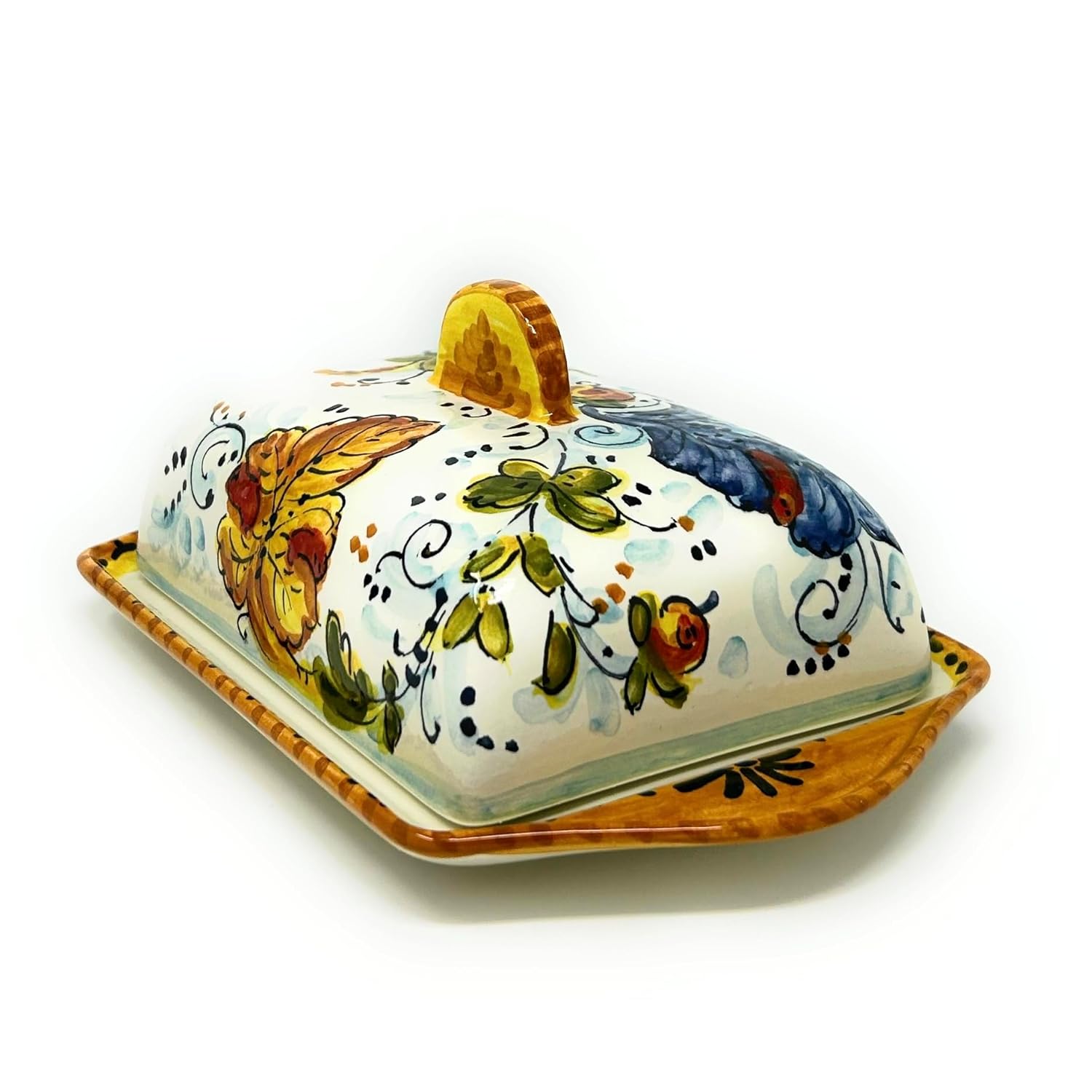 CERAMICHE D'ARTE PARRINI- Italian Ceramic Butter Dish Hand Painted Decorated Rooster Montelupo Made in ITALY Tuscan Art Pottery