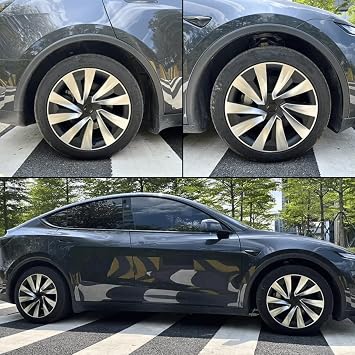 Tesla Model Y Juniper (2025+) Uyumlu 19 İnç Uberturbine Stil Jant Kapağı Seti - Gümüş & Siyah (Diamond Cut)