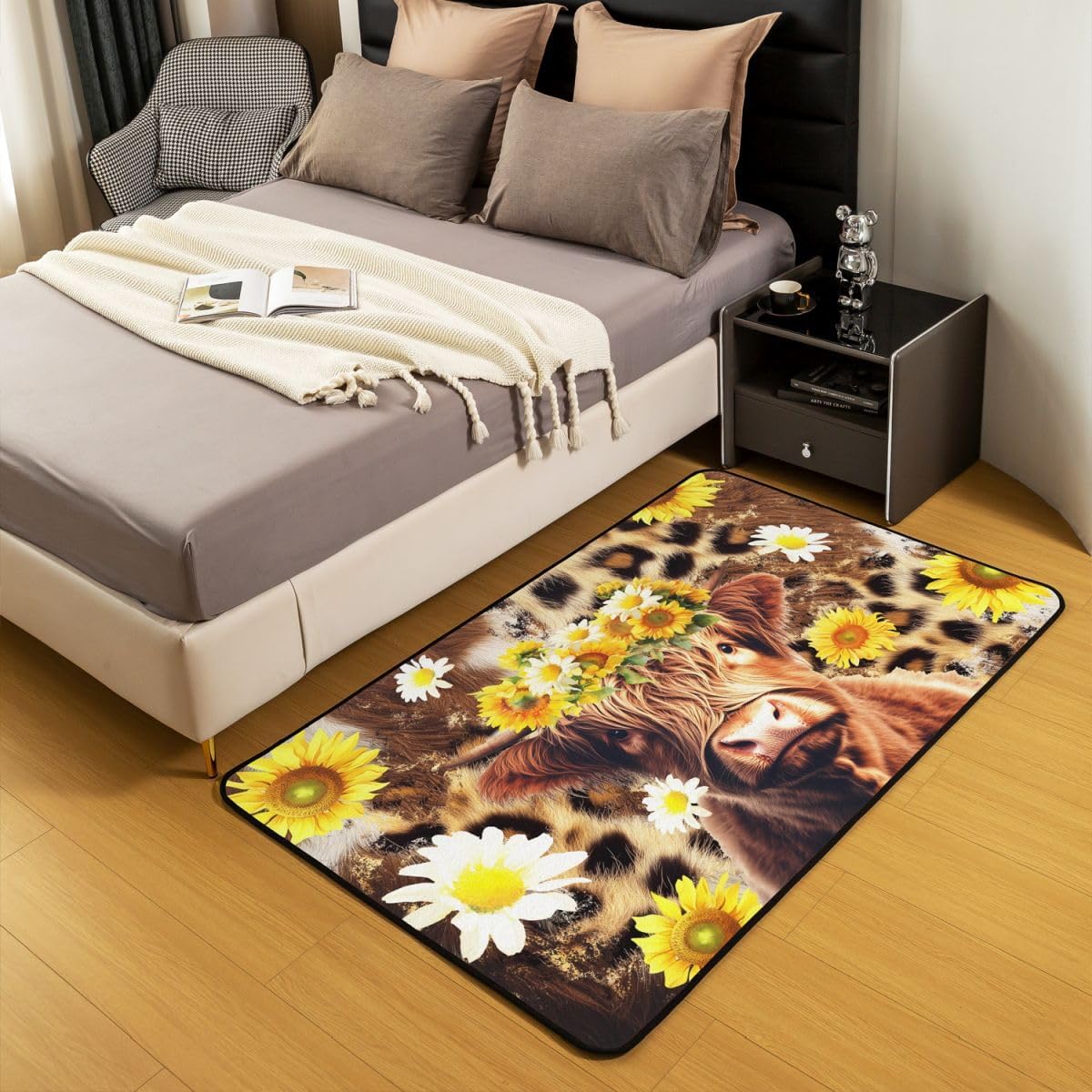 Highland Cow Decorative Carpet Area Rug 5x7 Highland Cattle Living Room Rug for Kids Boys Girls Decor Animals Cowhide Accent Floral Decorative