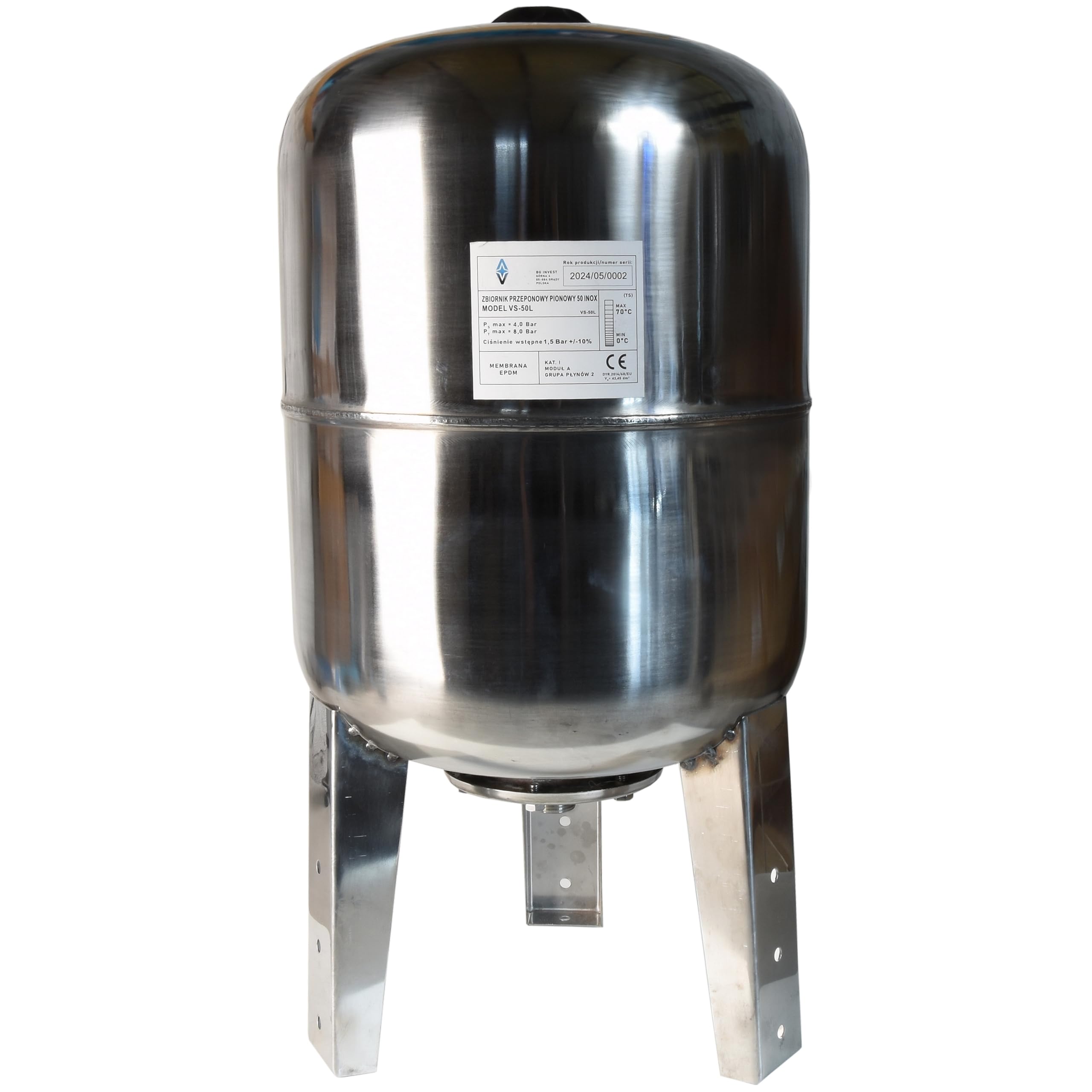 Serbatoio a Pressione 50L - per Impianti Idrici e Sistemi Autoclave - con Membrana EPDM - Vaso di Espansione per Pompa Domestica Pompa per Pozzo - Attacco da 1" - Acciaio INOX - Verticale 50 Litri