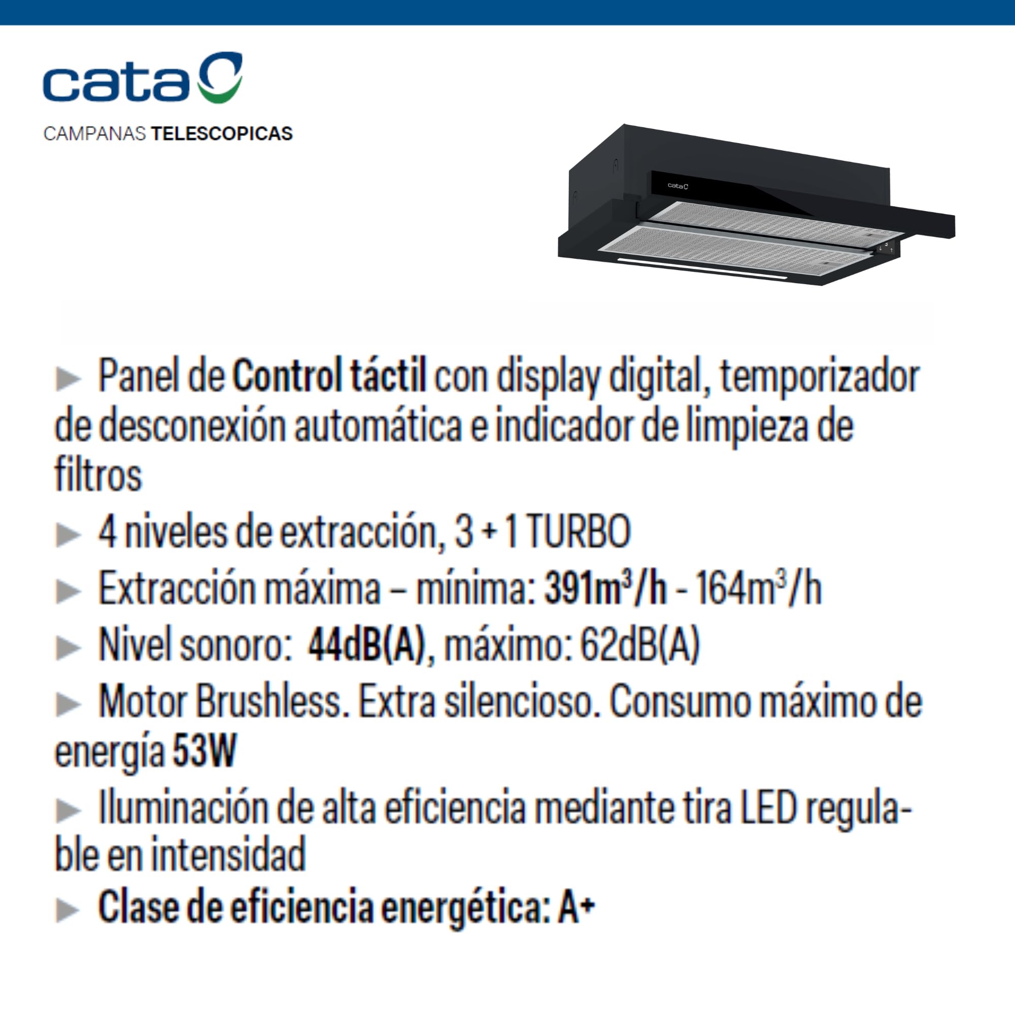 CATA Campana Extractora Telescópica, 391 m³/h, 4 Velocidades 3+1 Turbo, Control Táctil con Display, Motor Brushless de 53 W, LED Regulable, Clase A+, Negro