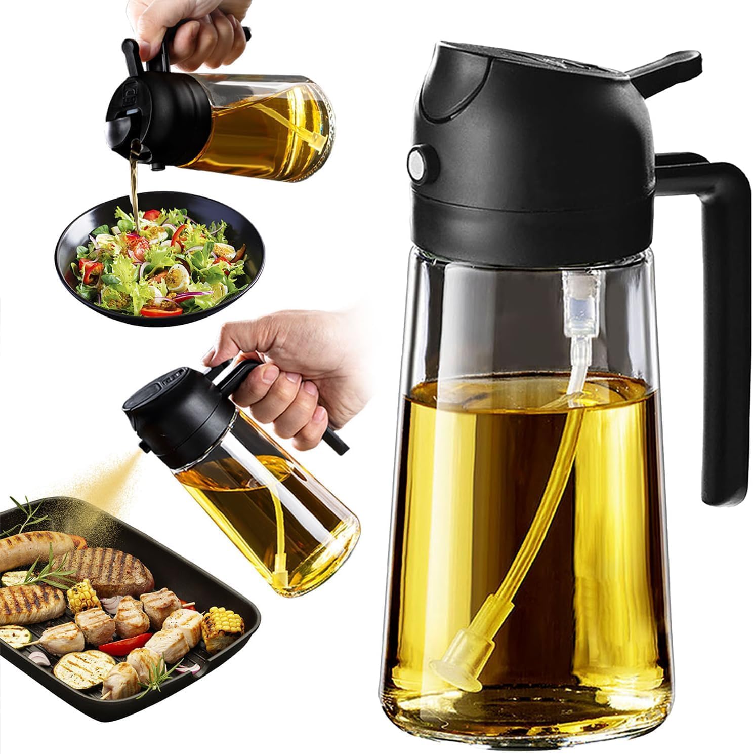 Glass Oil Dispenser Bottle with Dual Sprayer and Pour Function, 20oz Capacity, Black