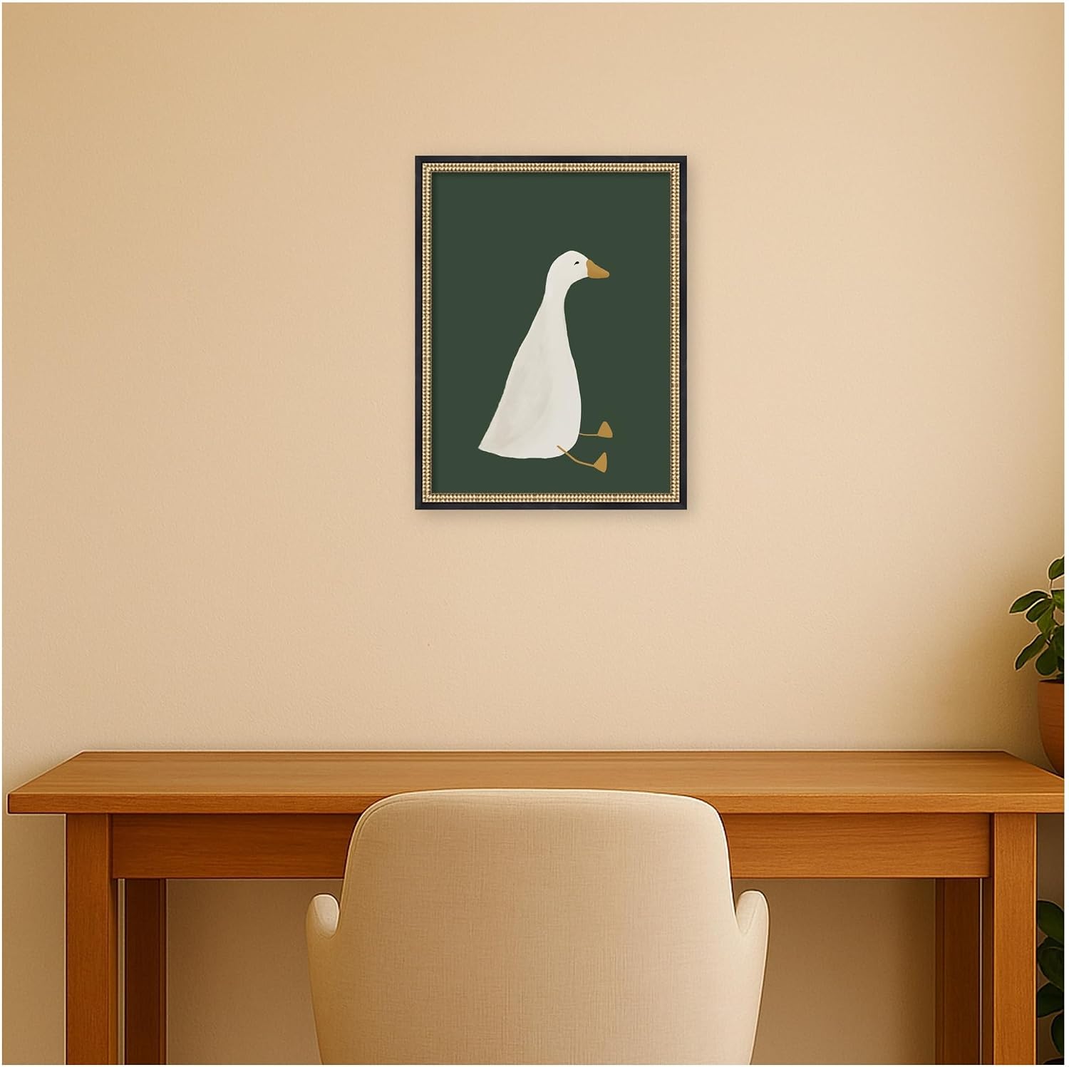 Kate and Laurel Framed Canvas Wall Art Print Goose Dark Green by Molly Dillon from The lil Dills Shop, 20 x 26, Castellan Black Frame, Whimsical, Animal Art for Wall Decor
