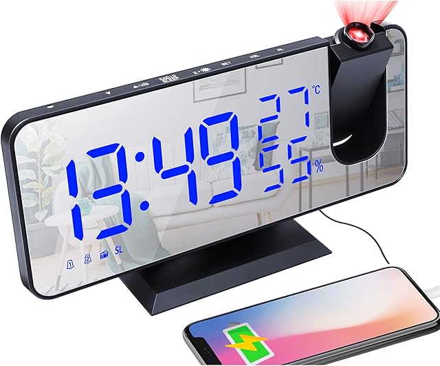 Projection Alarm Clock Radio, Digital Alarm Clocks for Bedrooms with USB Charger, 180° Projector, Battery Backup, Dual Alarms, Snooze, Mirror Dimmable Large LED Display Clock for Kids Teens Adults