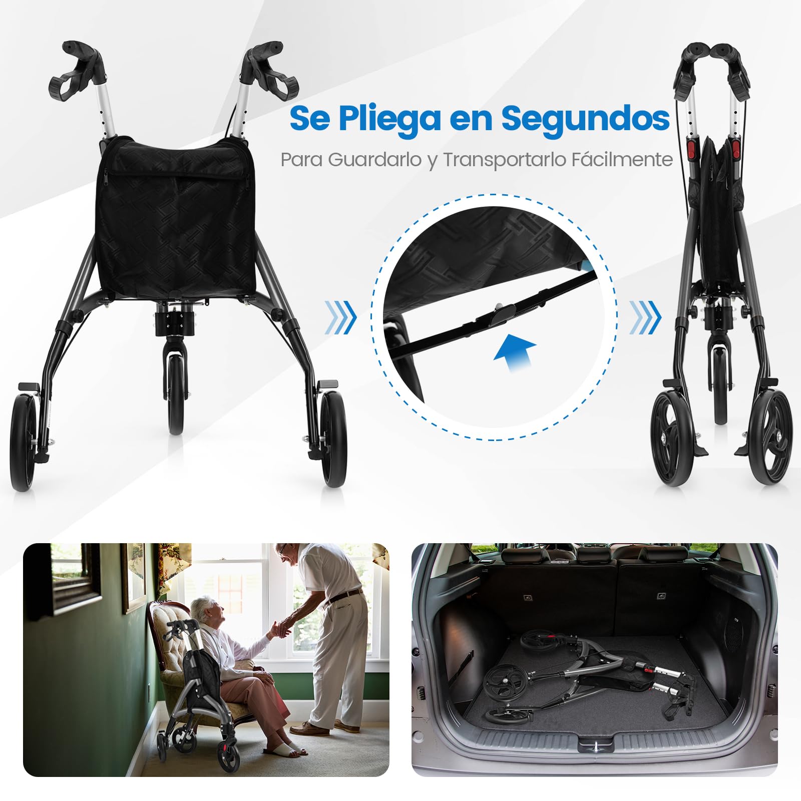 COSTWAY Andador para Ancianos Plegable, Marco de Aluminio Ligero, Caminadores para Mayores con 3 Ruedas, Altura Ajustable y Bolsa de Almacenamiento, Taca Taca Adultos (gris)
