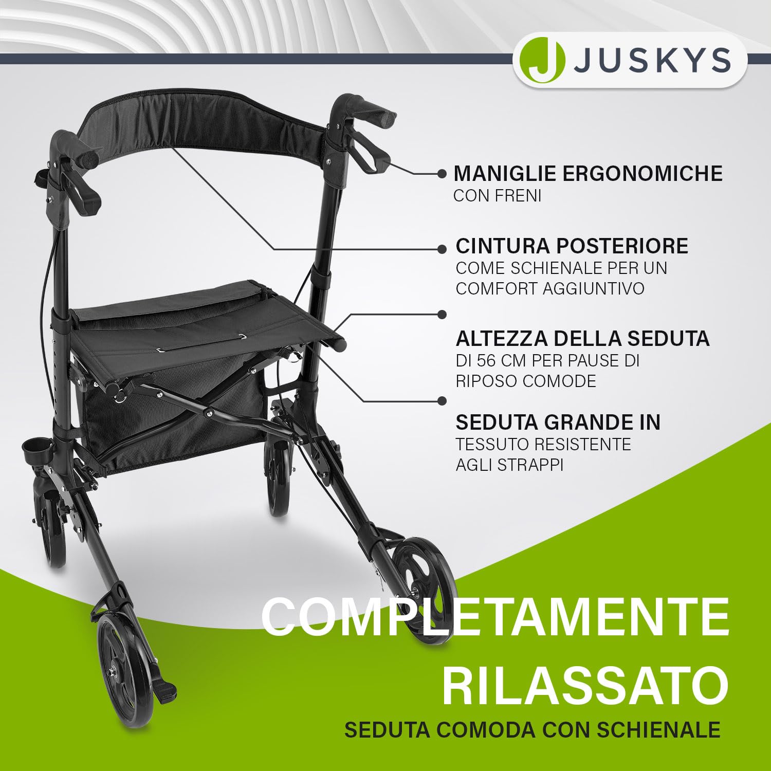 Juskys Rollator Vital nero – Aiuto per la deambulazione pieghevole e leggero in alluminio fino a 130 kg – Supporto per la deambulazione regolabile in altezza con sedile, borsa e supporto per ombrello