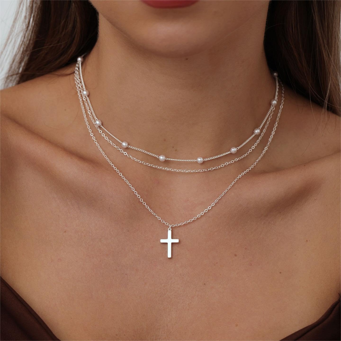 ASCOMY Layered Necklaces for Women Dainty Gold Necklace 14K Gold Plated Herringbone Necklace for Women Pearl Cross Necklace Paperclip Cuban Figaro Rope Satellite Chain Gold Choker Trendy Jewelry Gift - Image 2