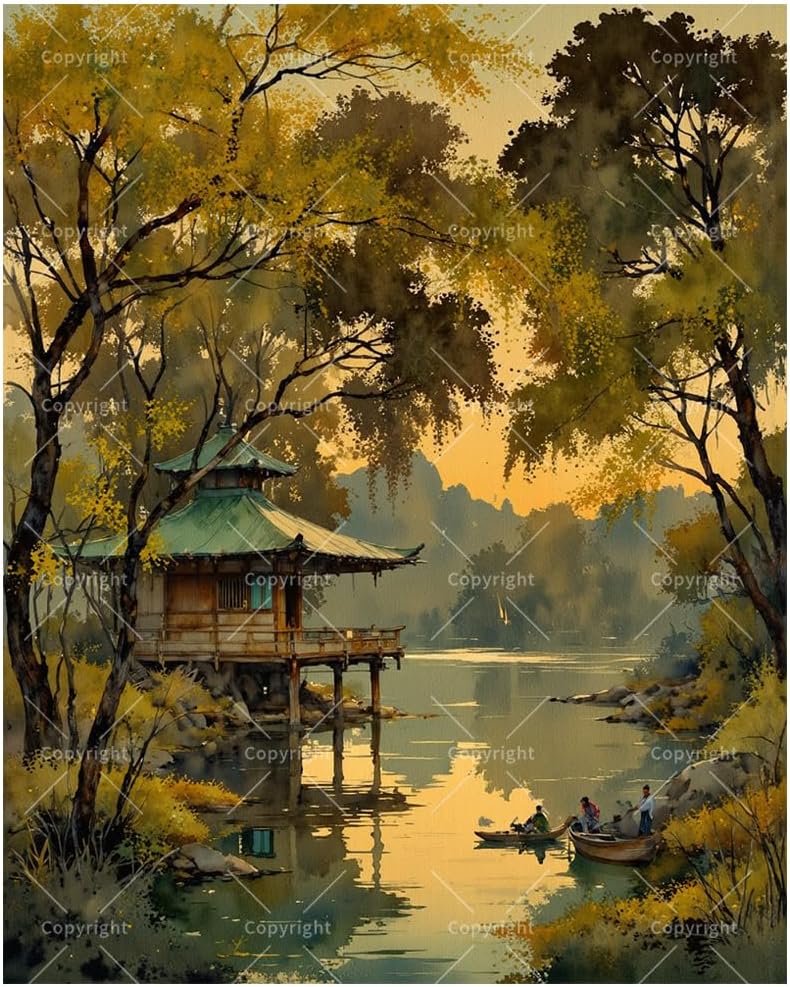 TAOPAOLAB Chinese Garden Paint by Numbers Kit for Adults - DIY Lakeside Pagoda Painting on Canvas 16x20 Inches, Acrylic Paint Set, Suitable for Beginners, Tranquil Art for Home Decoration or Gifts