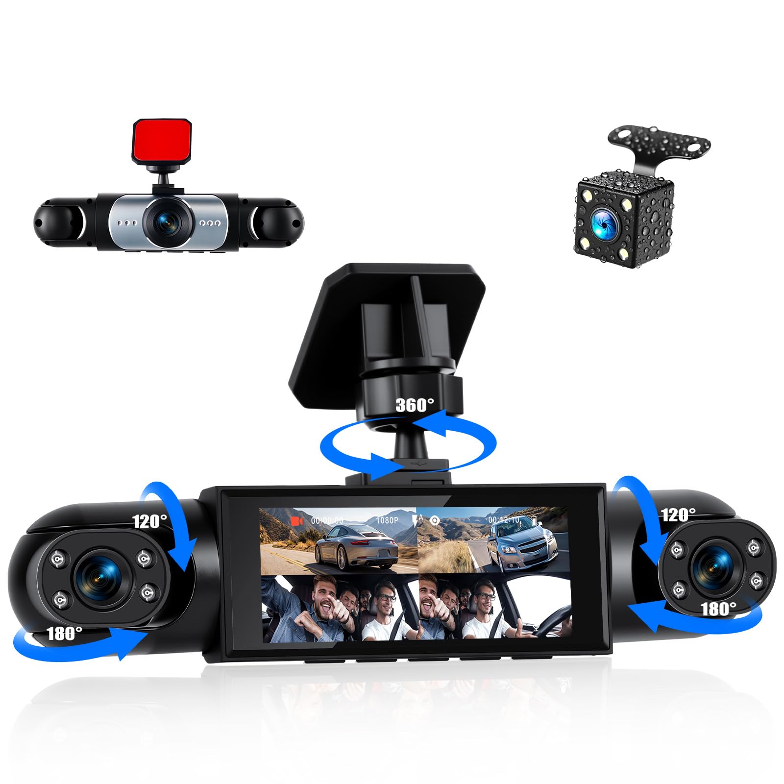 360° 4 Canaux Dashcam Voiture Avant Arriere, 3-Pouces Caméra Embarquée Voiture avec Vision Nocturne 8 IR, Vidéo en Boucle, Aide au Stationnement
